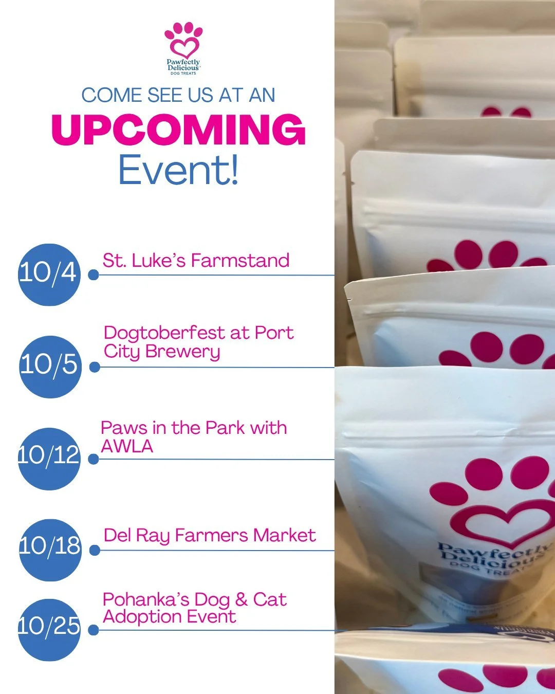 If you need to stock up on treats or find a dog-friendly event in the month of October, check out these upcoming events where we will be set up around the DMV!

🩷Oct 4: St. Luke's Farmstand
 @stlukesepiscopeeps
8009 Fort Hunt Road, Alexandria, VA
8 