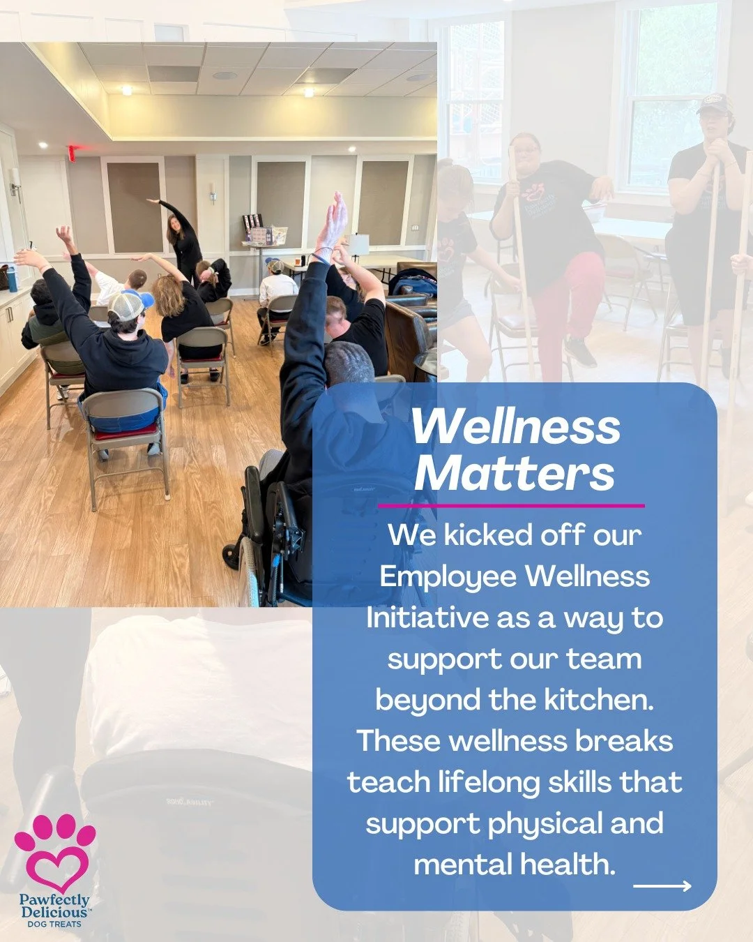 Our Employee Wellness Initiative is one of the ways we support our team beyond the kitchen. 💙

After a busy shift baking and packaging dog treats, our team takes wellness breaks that include movement and nutrition classes, yoga, and music therapy. A