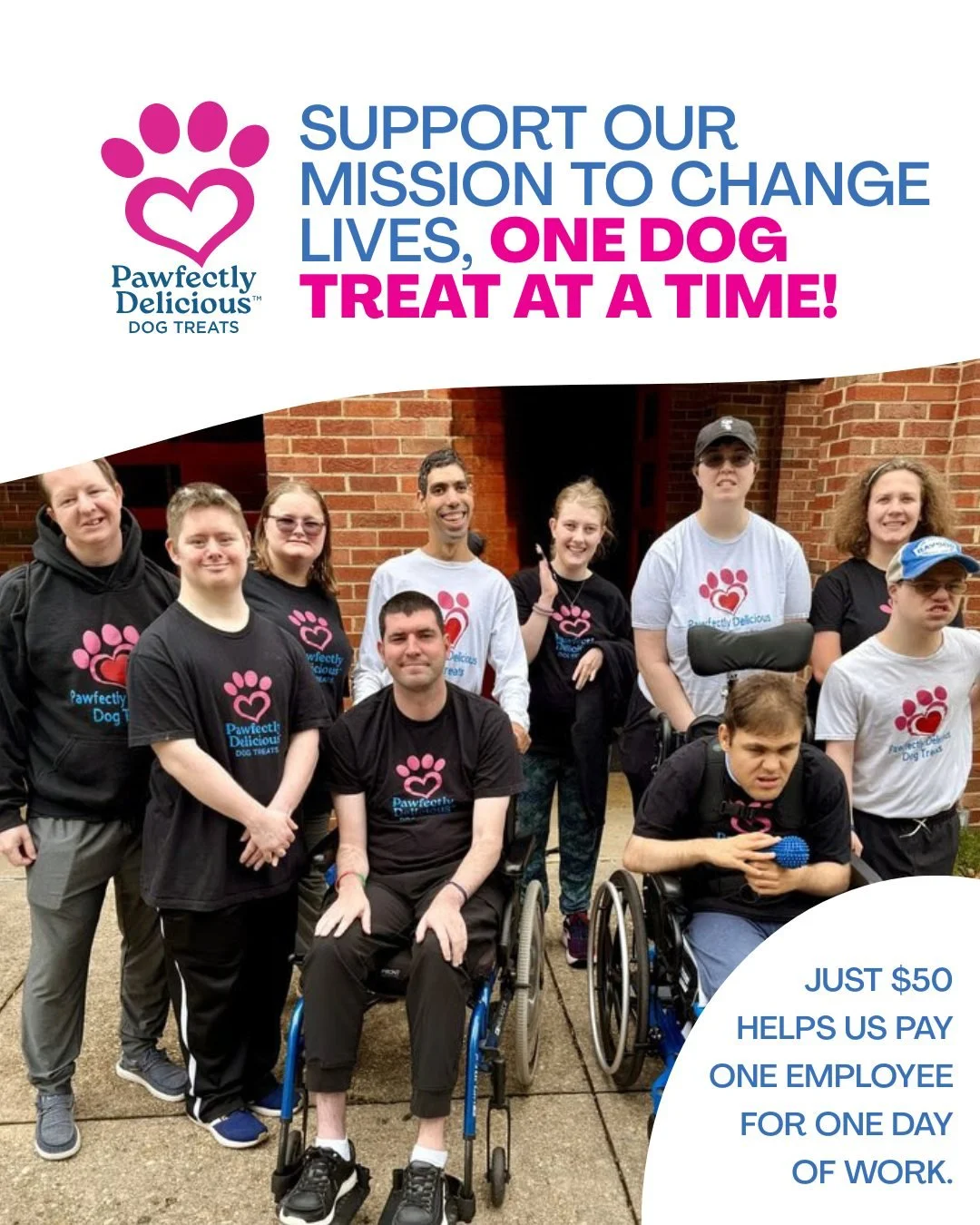 Support our mission to change lives, one dog treat at a time! 🦴

When you become a monthly donor, of any amount, you help to keep our kitchen running and ensure we can pay our team a livable wage.

💲15 helps us to buy a 25 lb. bag of flour to make 