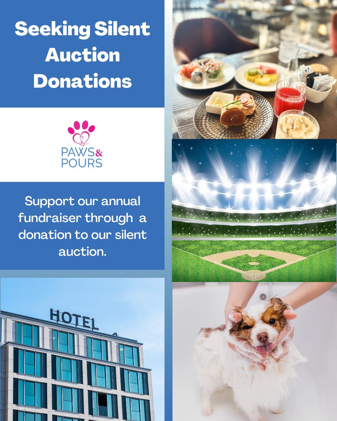 Our Paws &amp; Pours fundraiser is in 2 months, and we are seeking silent auction donations to make this event a success!

What kind of items can you or your business donate?
🏨Hotel stays 
🍽️Restaurant gift cards
🎟️Event tickets like baseball game