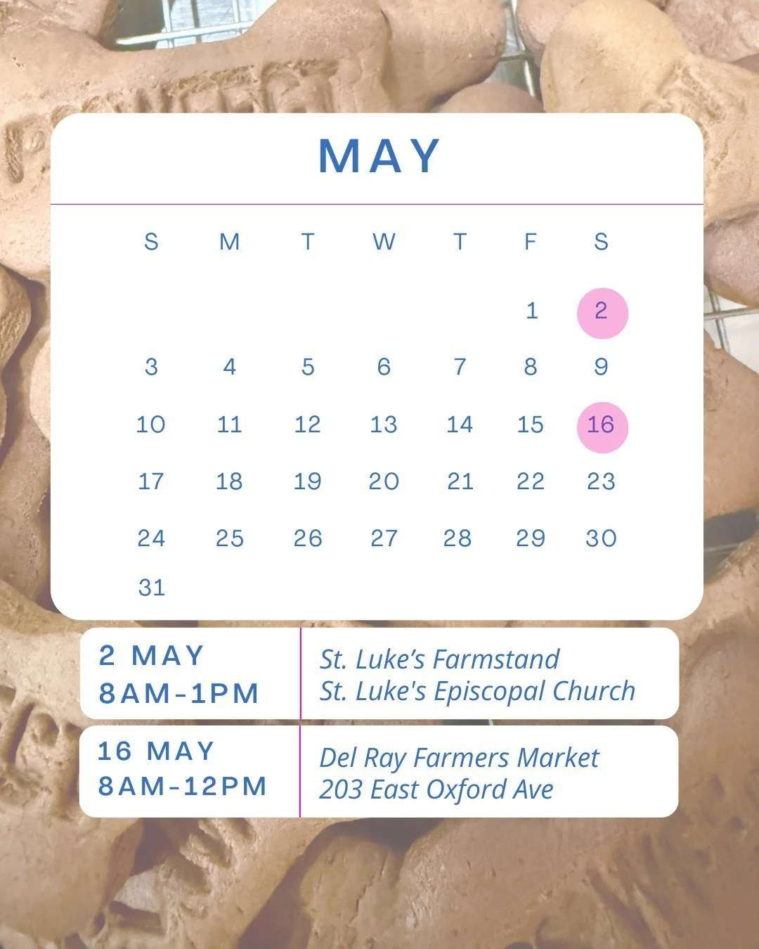 We'll be set up selling our signature ginger dog treats at these farmers markets throughout the month of May. Come see us and support local!

🩷May 2 : St. Luke's Farmstand
@stlukesepiscopeeps
St. Luke's Episcopal Church
8009 Fort Hunt Road, Alexandr