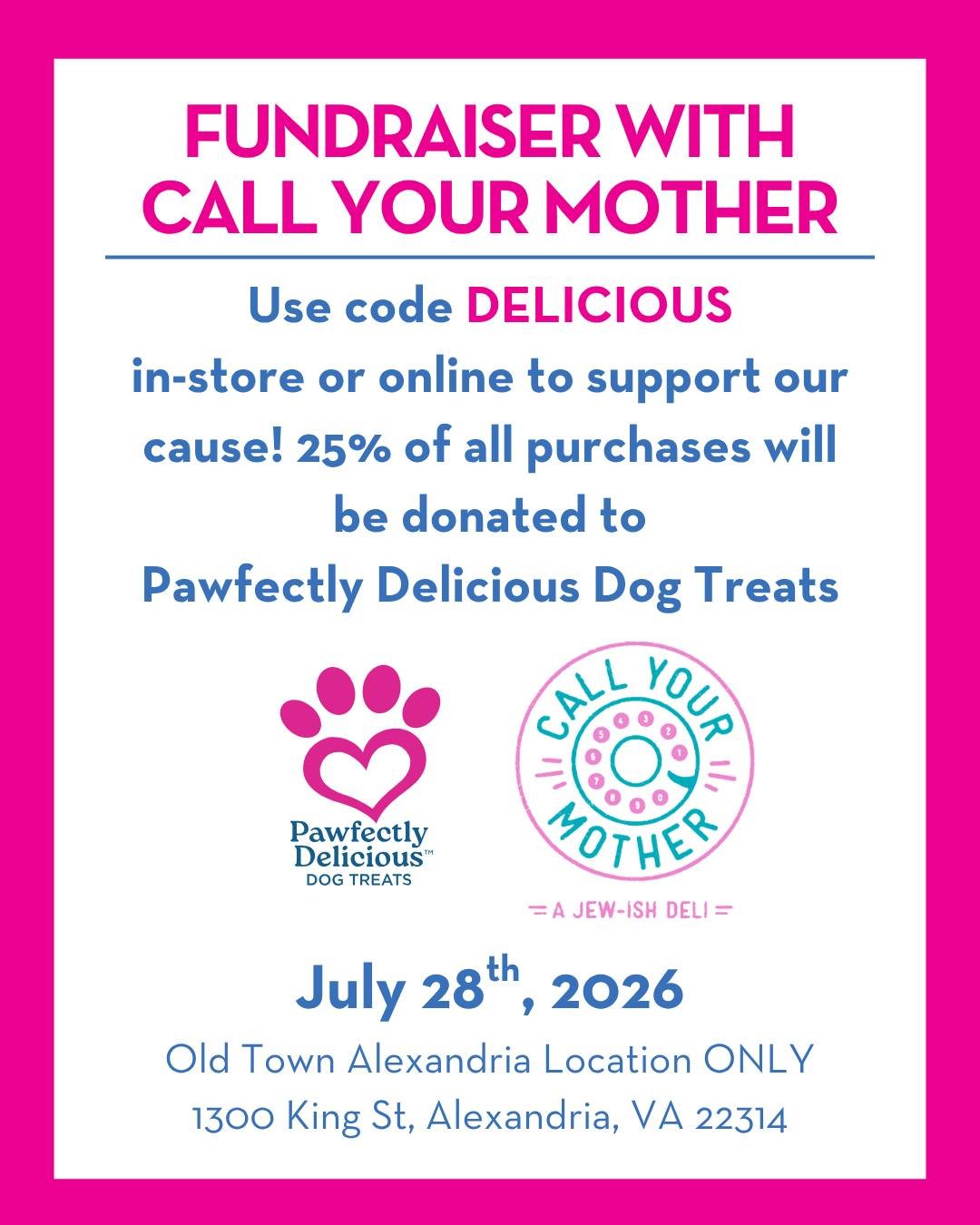 SAVE THE DATE!

Support our team with your order from Call Your Mother Deli in Old Town Alexandria! 

Use code DELICIOUS for your in-store or online order to ensure your order counts toward the 25% they will donate to support our team.

Thank you @ca