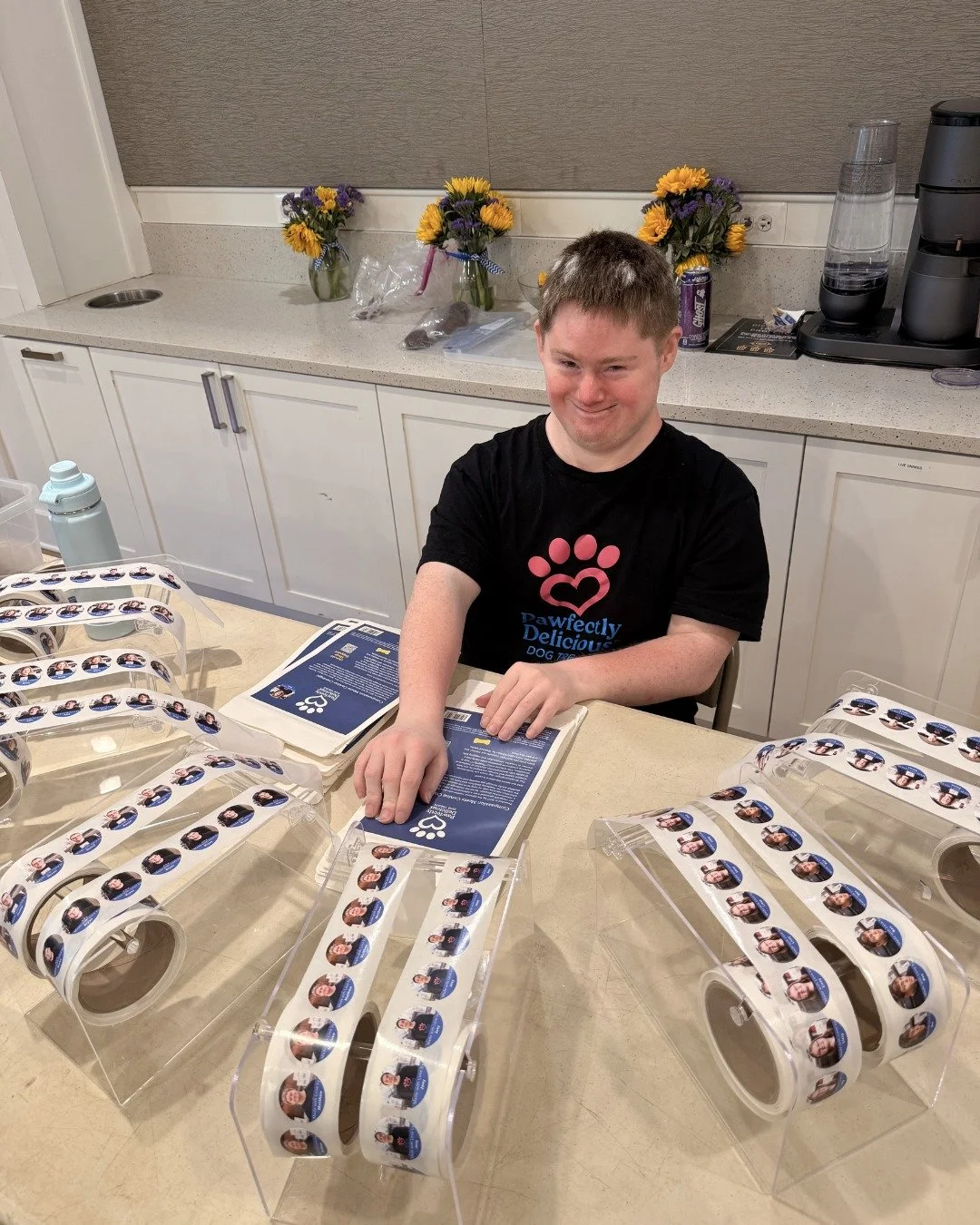 Each bag of Pawfectly Delicious Dog Treats is baked and packaged by hand by our team of disabled adults.

Just one step in our process includes our packaging team adding a sticker to each individual package showcasing one member of our team who helpe