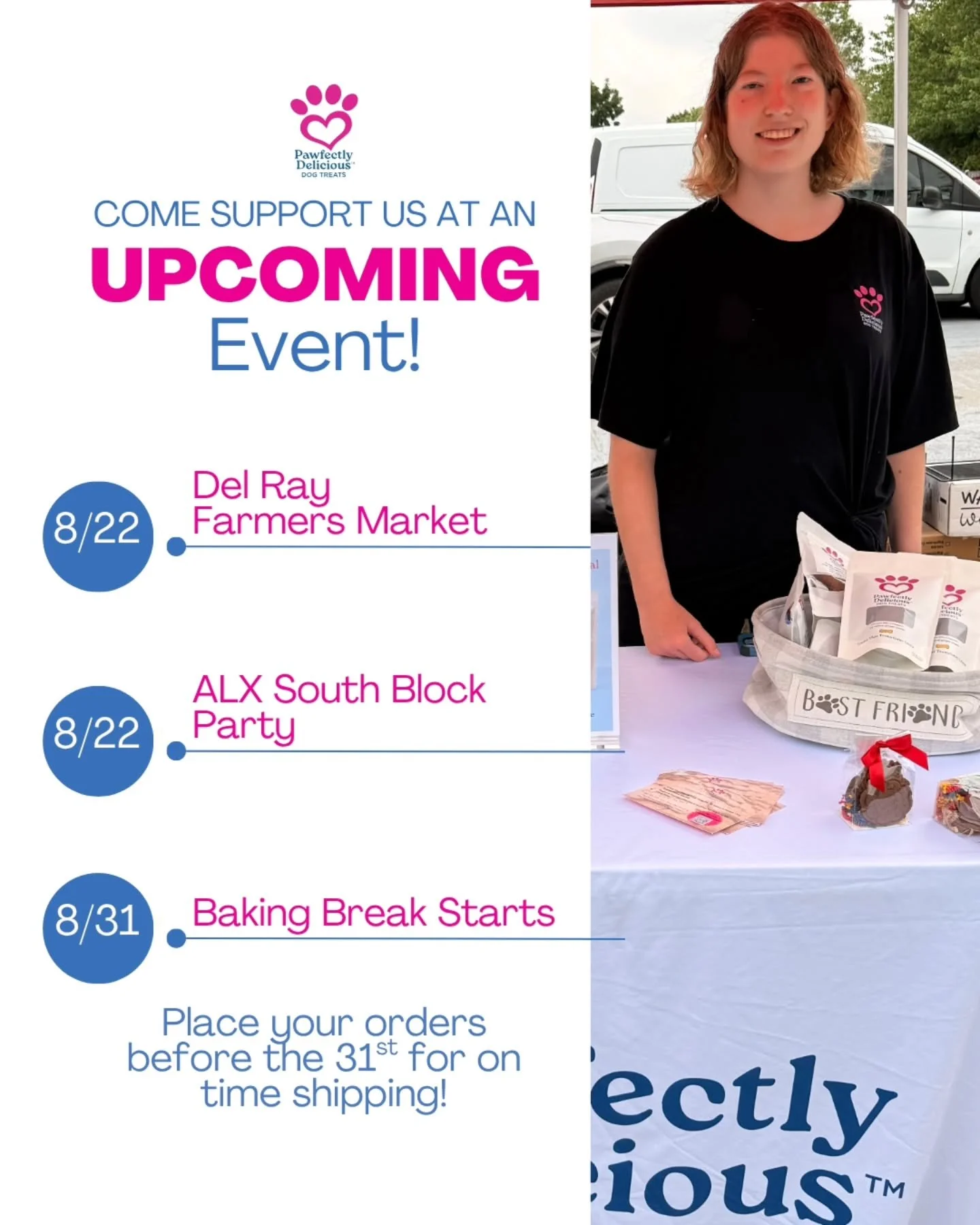 1 day, 2 events! Come see us on August 22nd at the Del Ray Farmers Market or the ALX South Block Party, or both!

🩷August 22: Del Ray Farmers Market
@delrayfarmersmarket
203 East Oxford Ave, Alexandria, VA&nbsp;
8 AM - 12 PM

🩷August 22: ALX South 