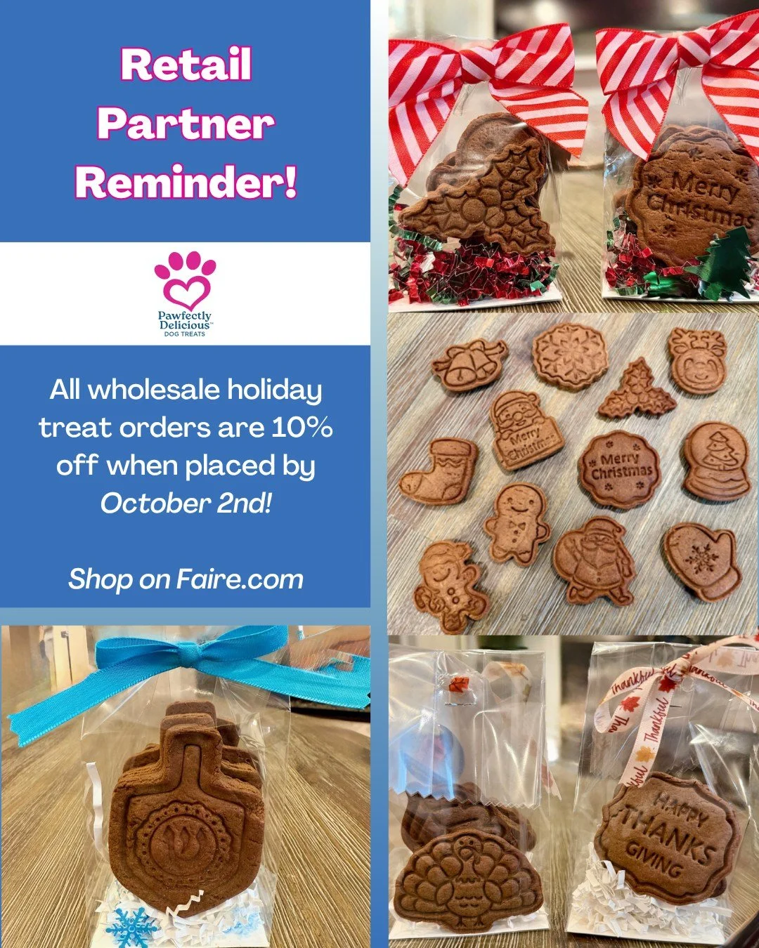❗Reminder for Retail Partners❗

Receive 10% off your fall &amp; holiday wholesale dog treat order when you preorder by October 2nd!

Place your order on faire.com today by clicking "Shop Wholesale" in our link in bio.

#holidaytreatsfordogs