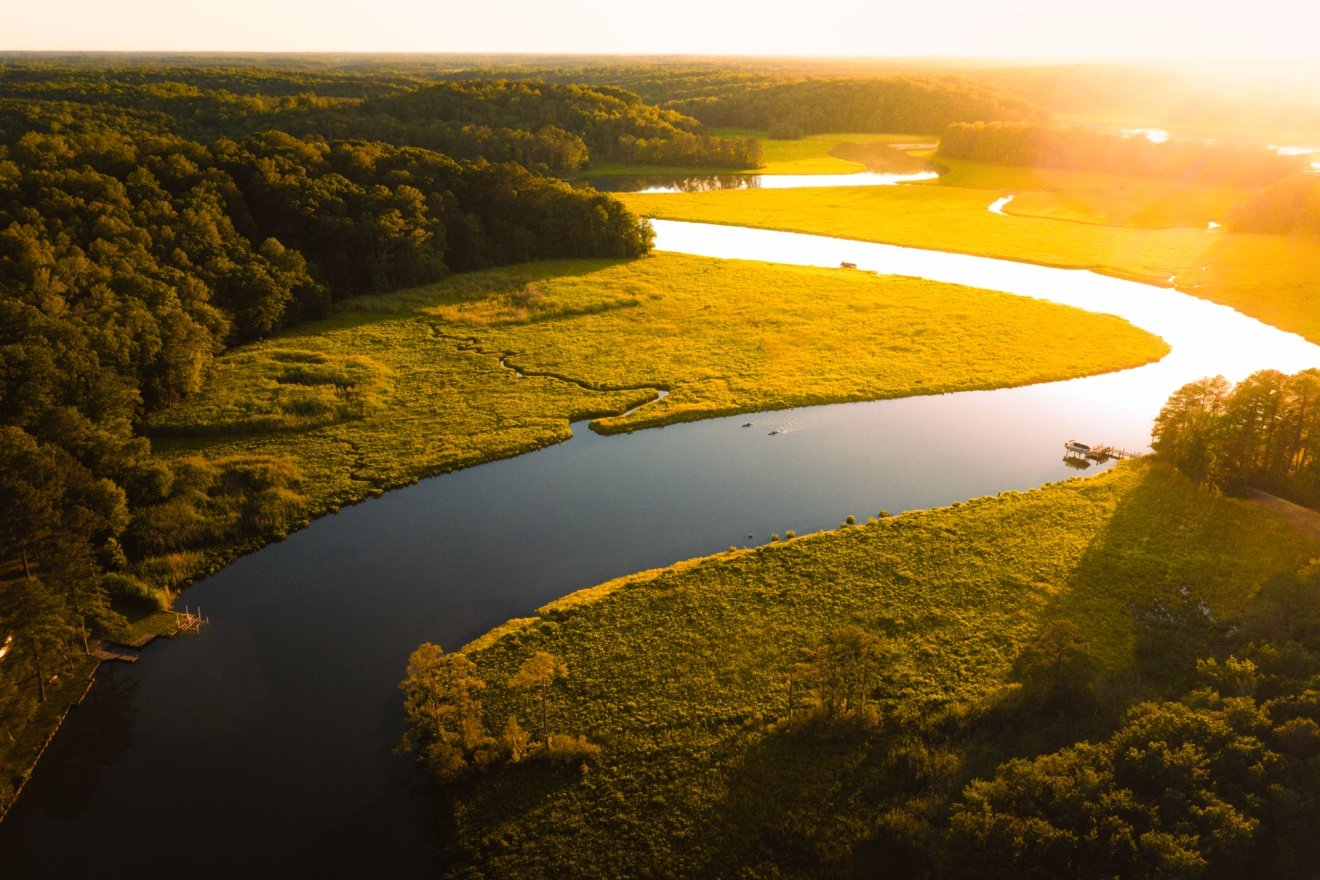 Golden river winding through marshland at sunset — fine art photograph by Tony Greene