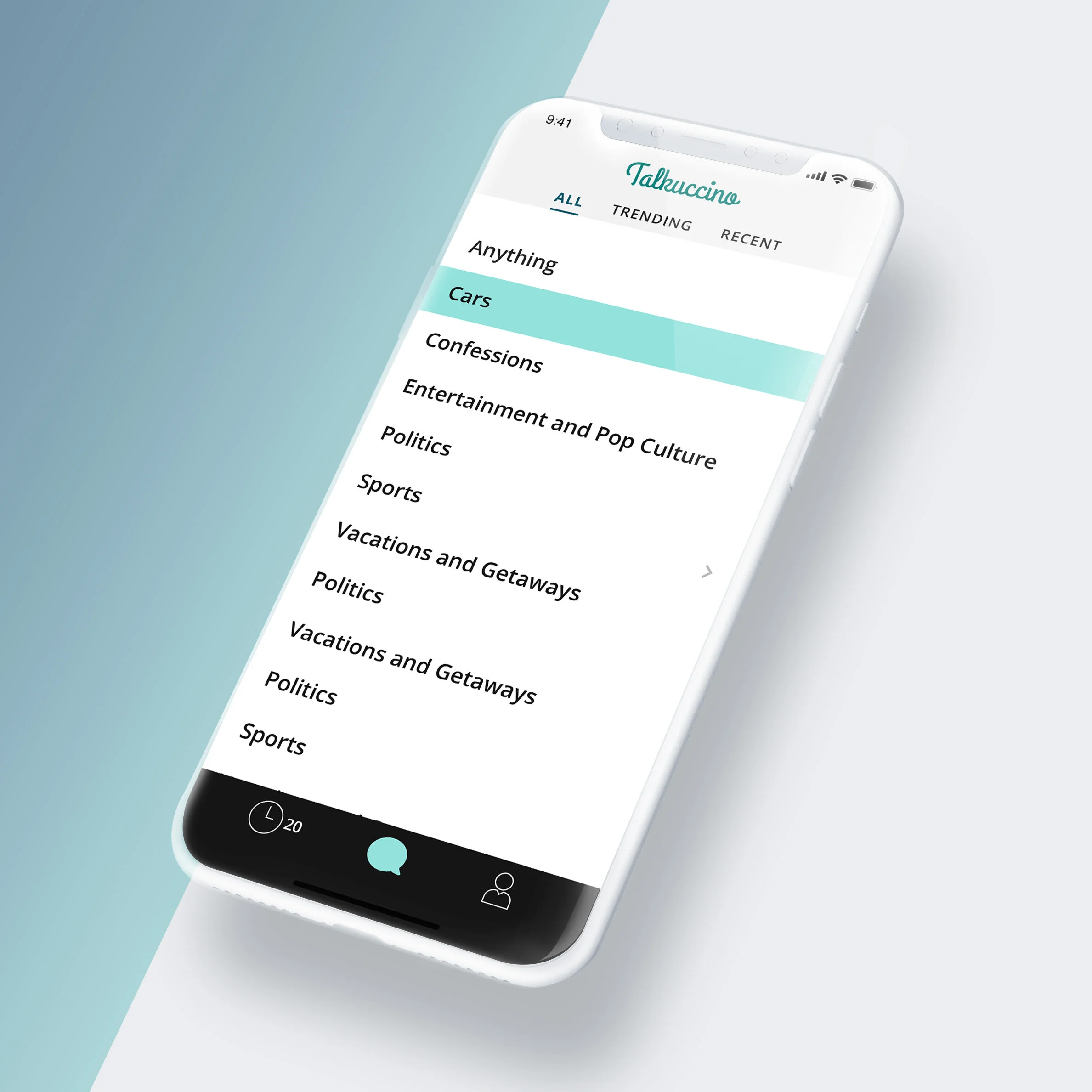 Talkuccino app topic selection screen with categories like Cars, Sports, Politics