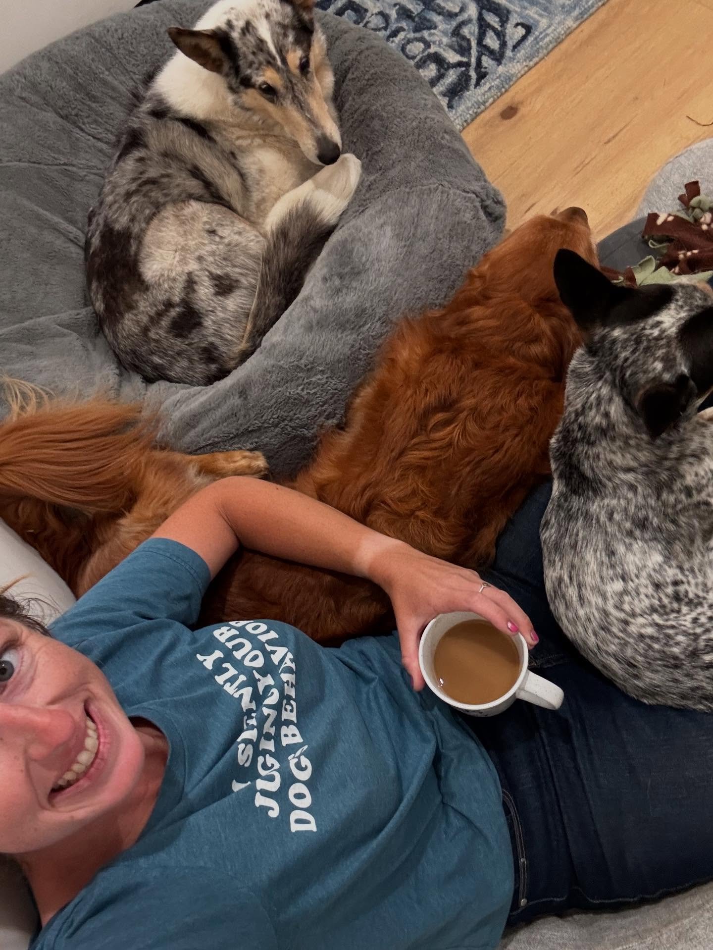 Sometimes you just gotta drink coffee in a dog bed