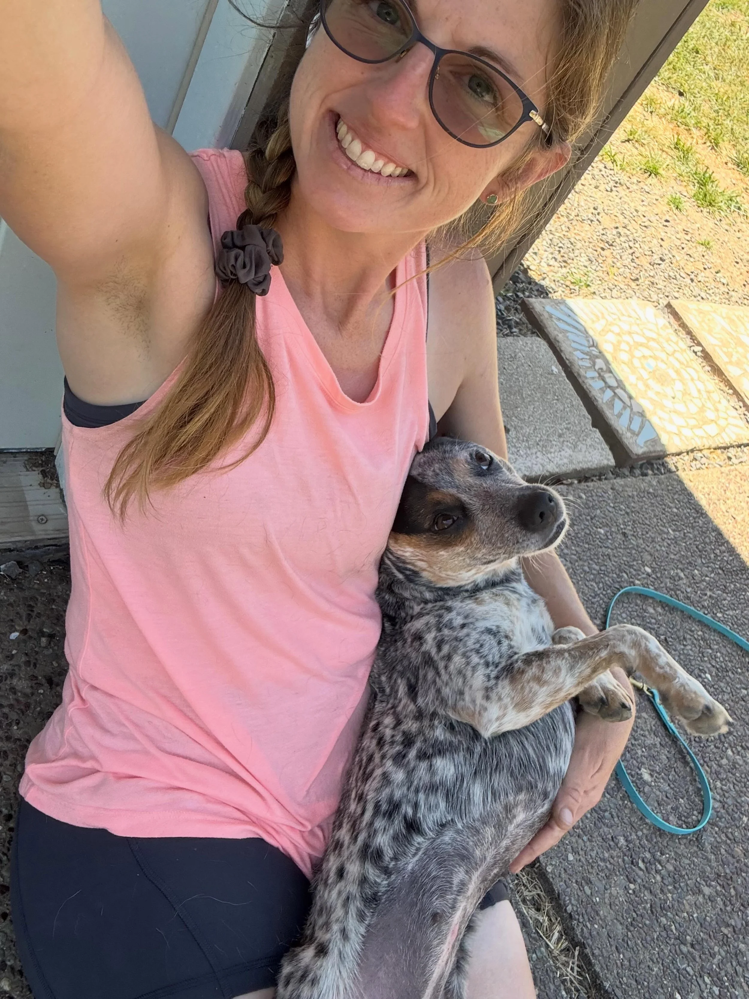 Rizzo getting her post hike tick check. Her least favorite part of a hike. But she did zero screams today. (She sometimes screams when I pull a rock out &mdash; because why not make things more interesting)
