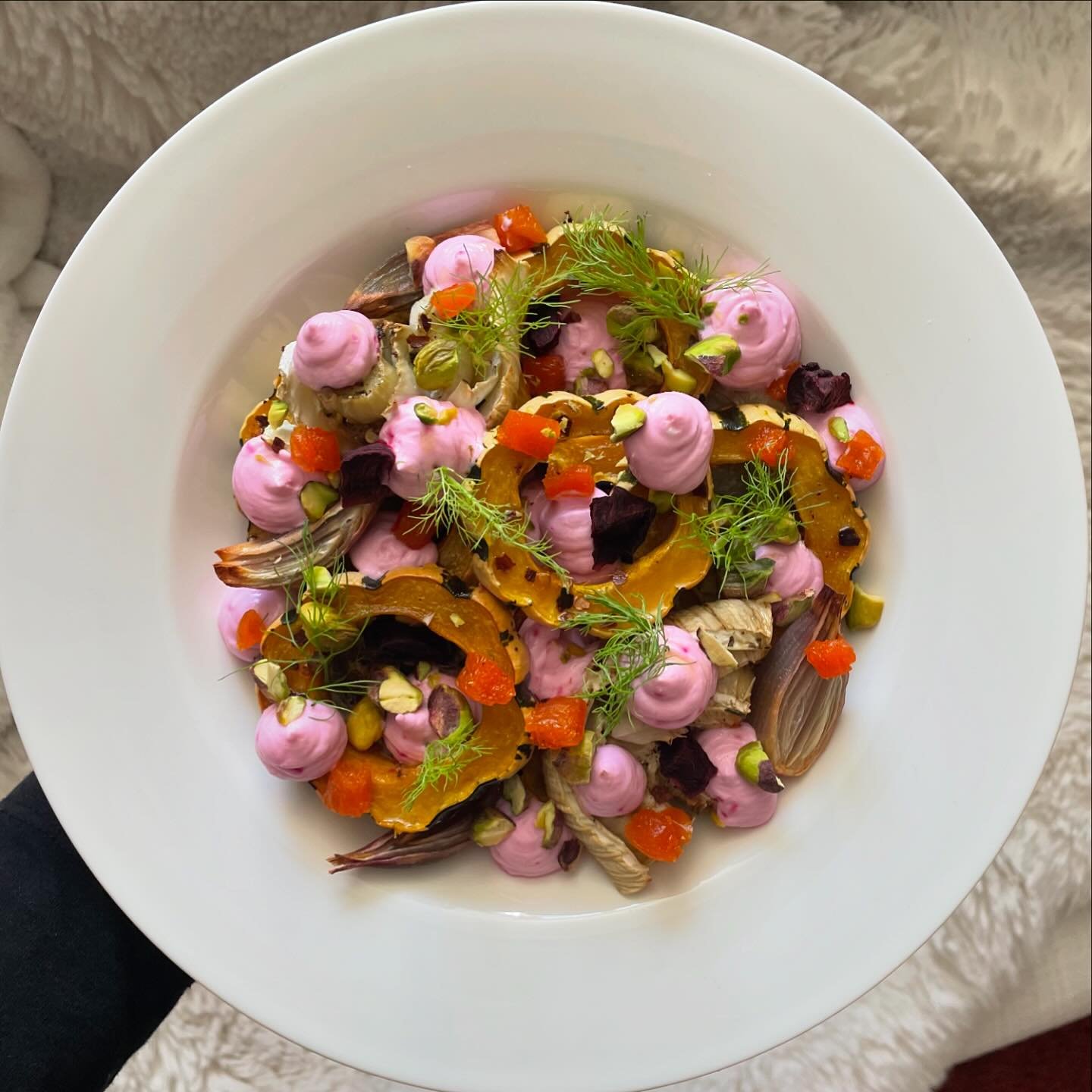 looks like spring and tastes like fall. sweet n spicy roasted delicata squash, fennel, beet, and shallot with pink whipped goat cheese, pistachios, and dried apricot. very comforting