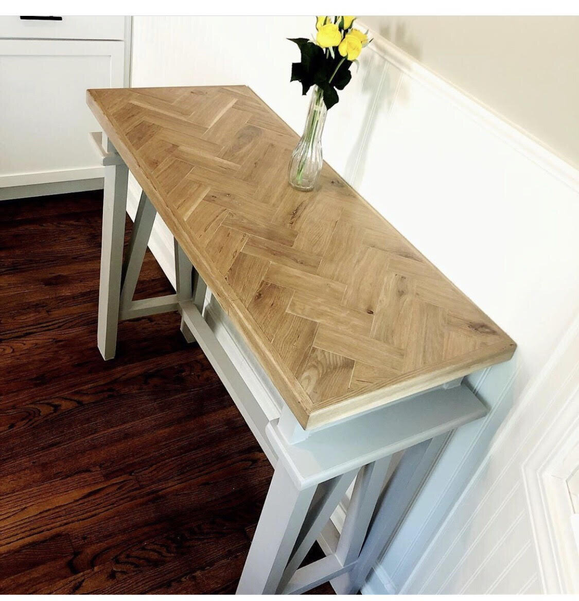 Herringbone white oak bar top.