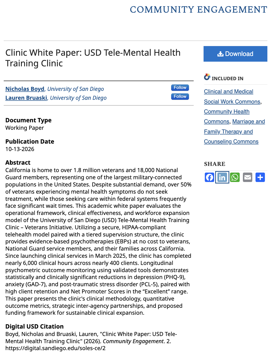 Clinic White Paper: USD Tele-Mental Health Training Clinic