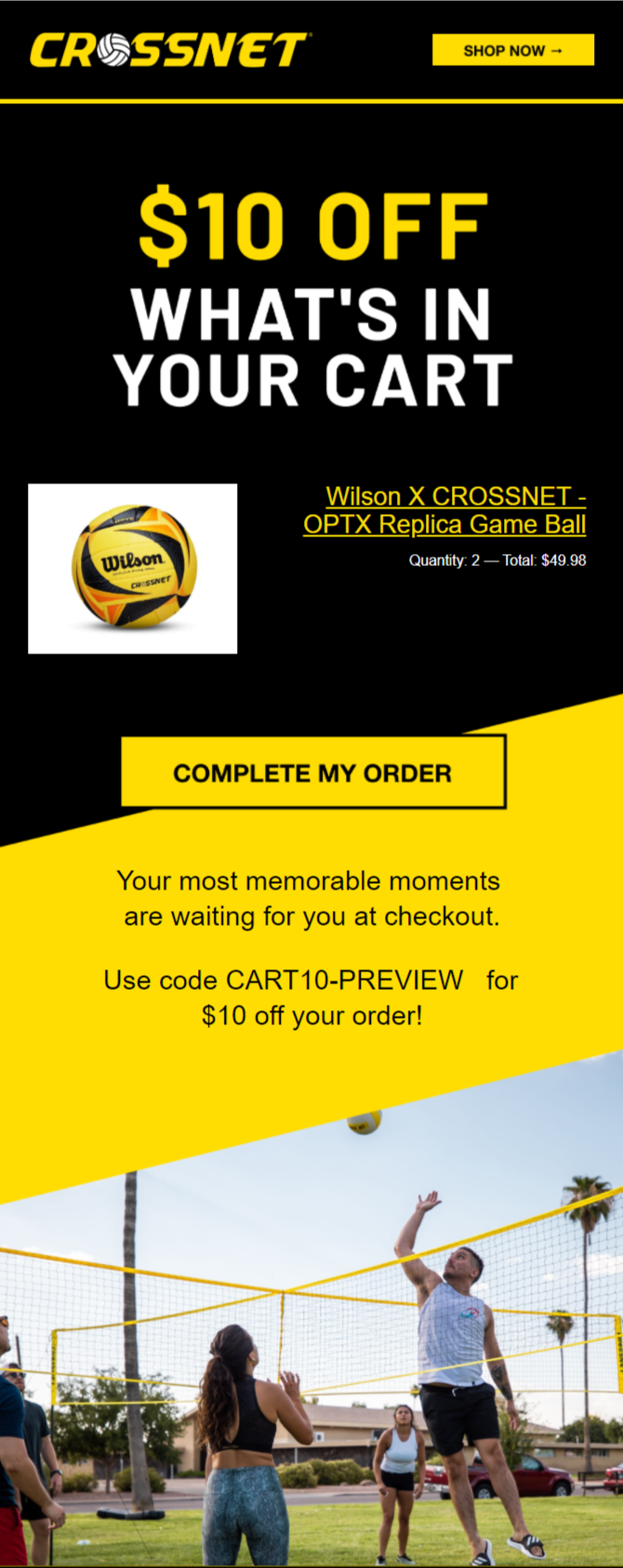 CROSSNET abandoned checkout email 2: $10 off what is in your cart headline, the abandoned game ball with quantity and total, a discount code, and a lifestyle photo of people playing four square volleyball