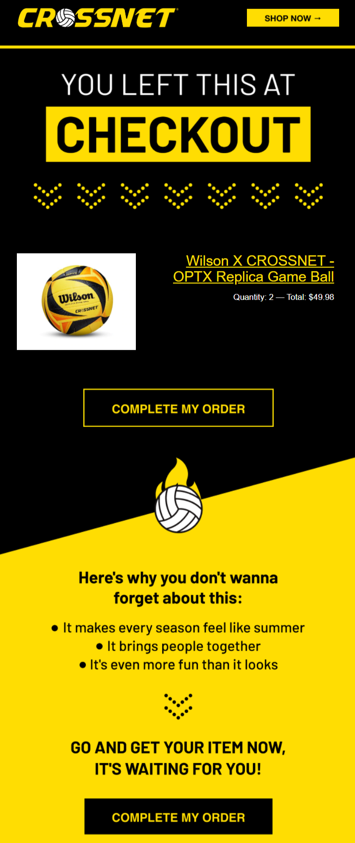 CROSSNET abandoned checkout email 1: You left this at checkout headline, Wilson x CROSSNET game ball in a dynamic cart block, Complete my order button, and three reasons to finish the order