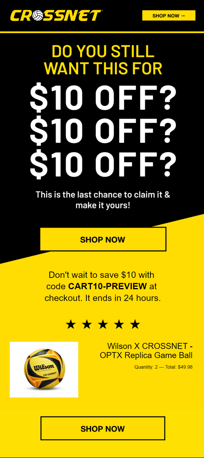 CROSSNET abandoned checkout email 3: Do you still want this for $10 off headline, last chance copy, a note that the code ends in 24 hours, a five star row, and the abandoned product
