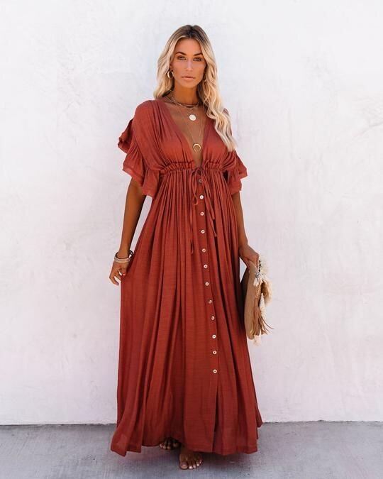 Pocketed Button Down Ruffle Maxi - Terracotta - Size Small
