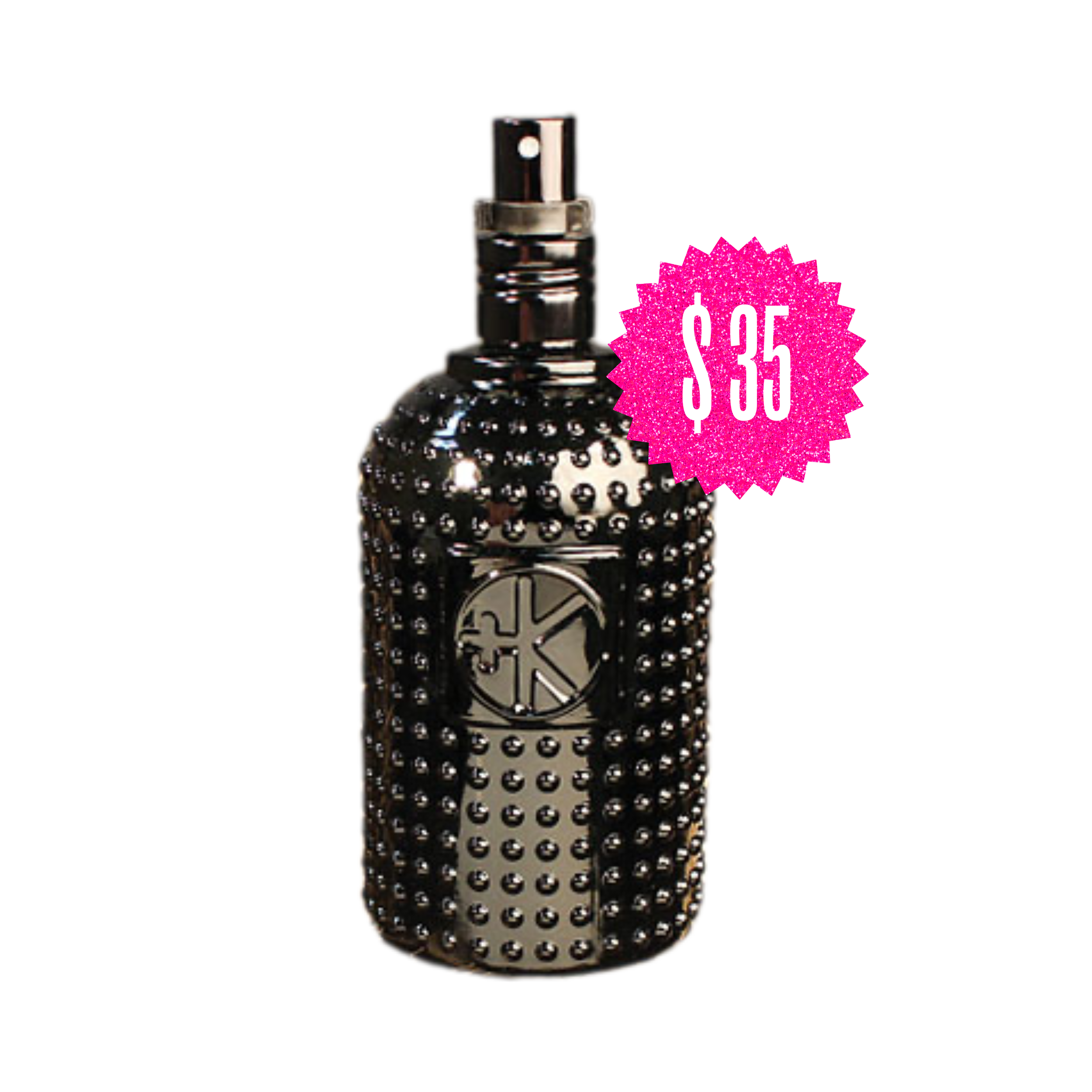 A black, studded perfume bottle with a circular logo on the front, and a pink price sticker showing $35.