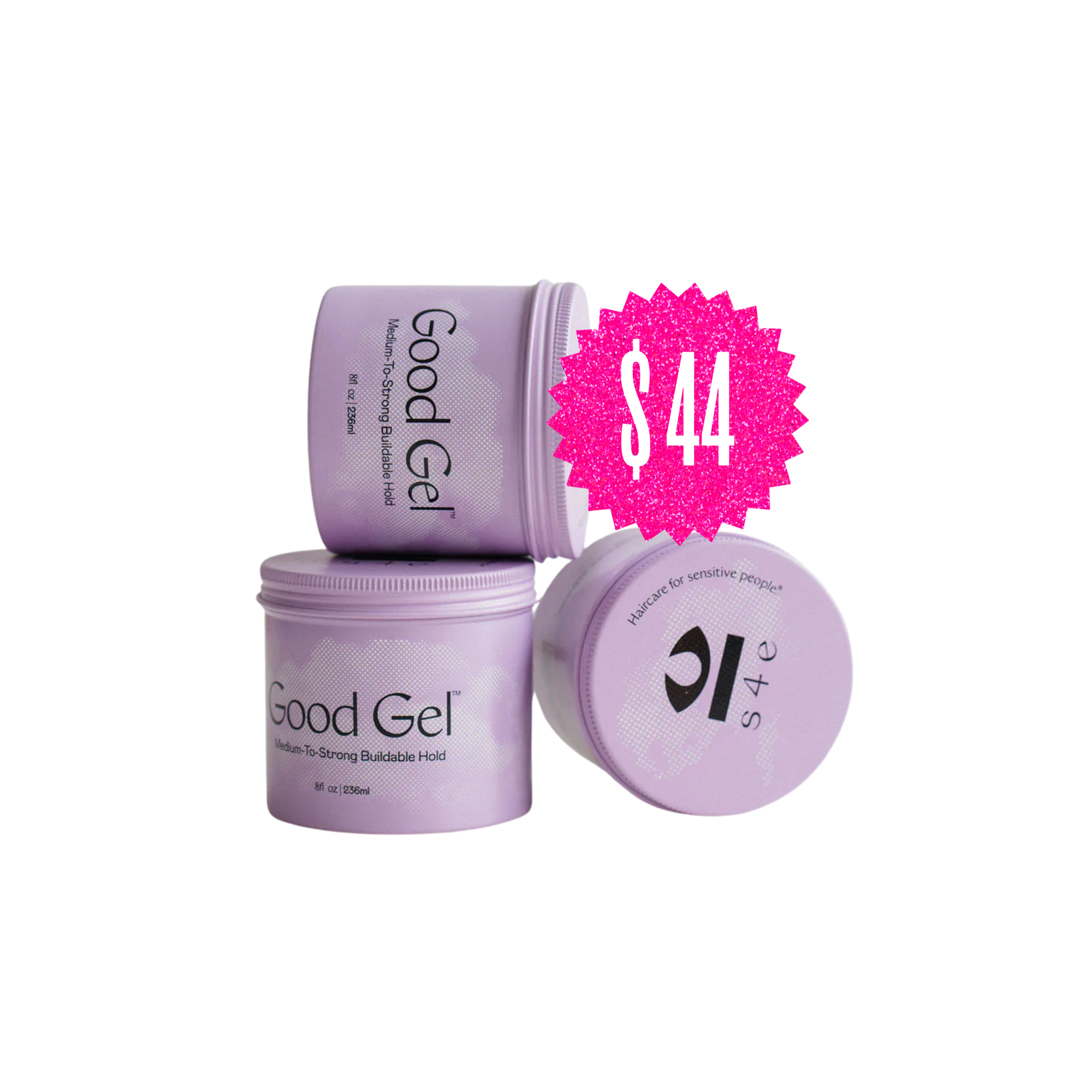 Three purple containers of Good Gel hair product, with a pink price tag showing $44, set against a black background.