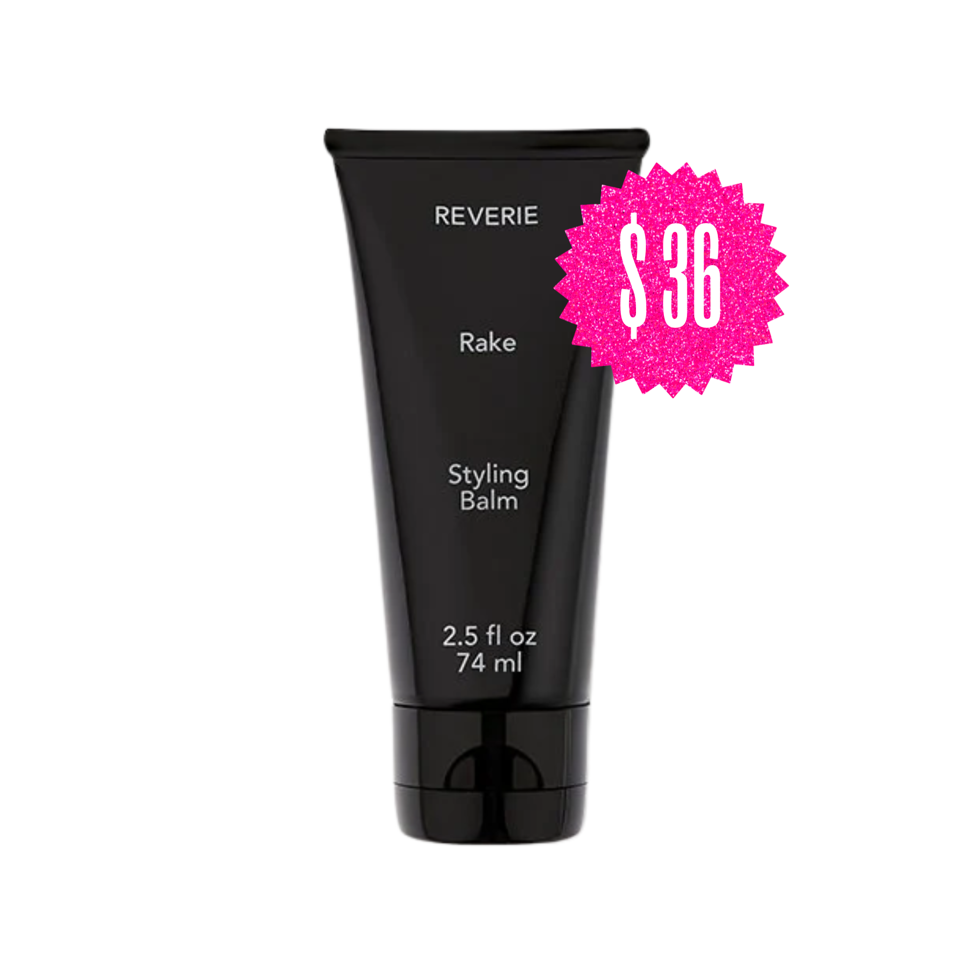 A black tube of REVERIE Rake Styling Balm is shown with a pink glittery sticker indicating a price of $36.
