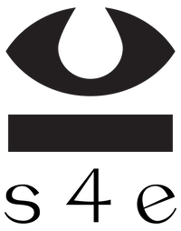 A black and white abstract design resembling an eye with a curved line beneath it.