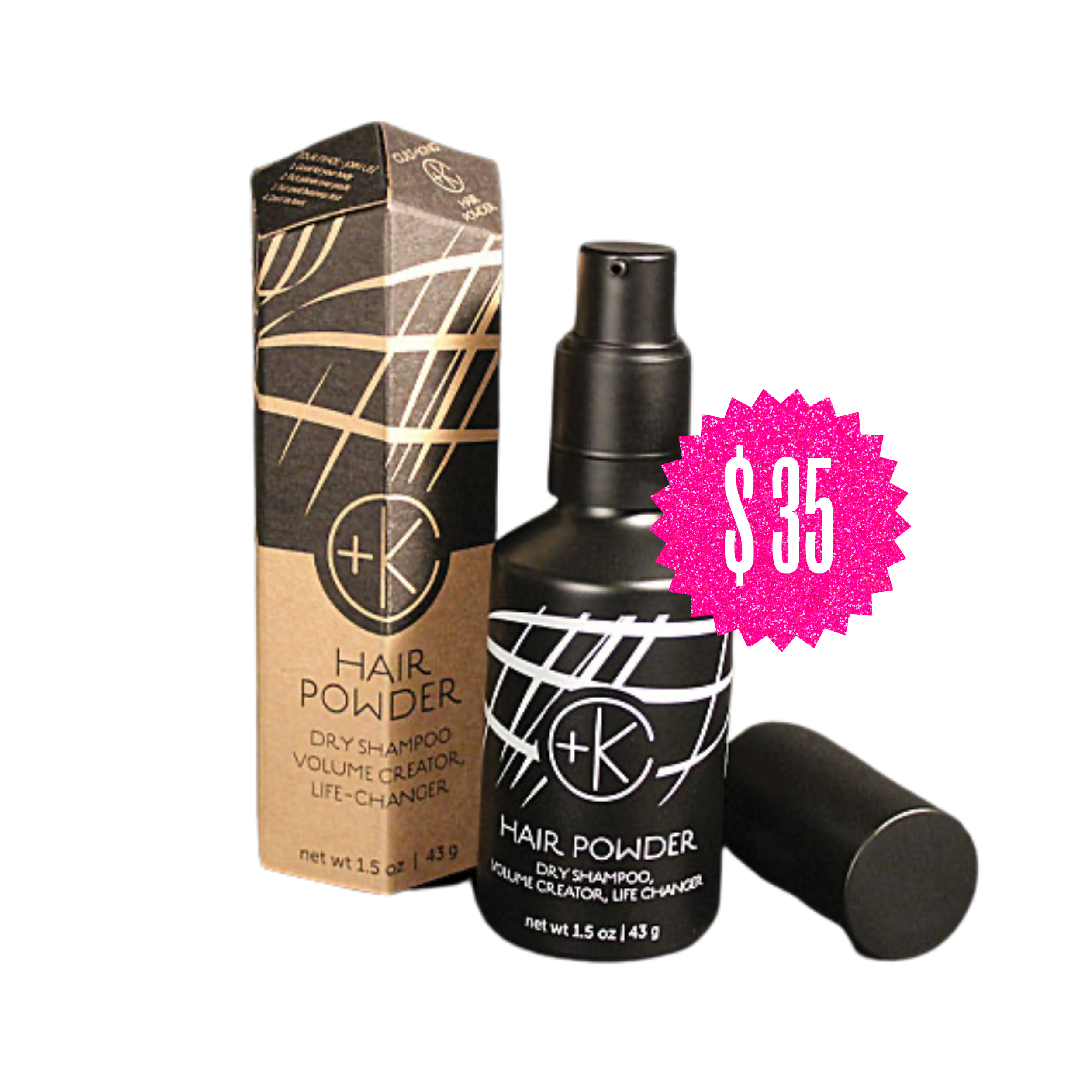 Black spray bottle and matching box labeled "Hair Powder" with a pink sticker showing a price of "$35". The labels describe it as dry shampoo, volume creator, and life-changer.