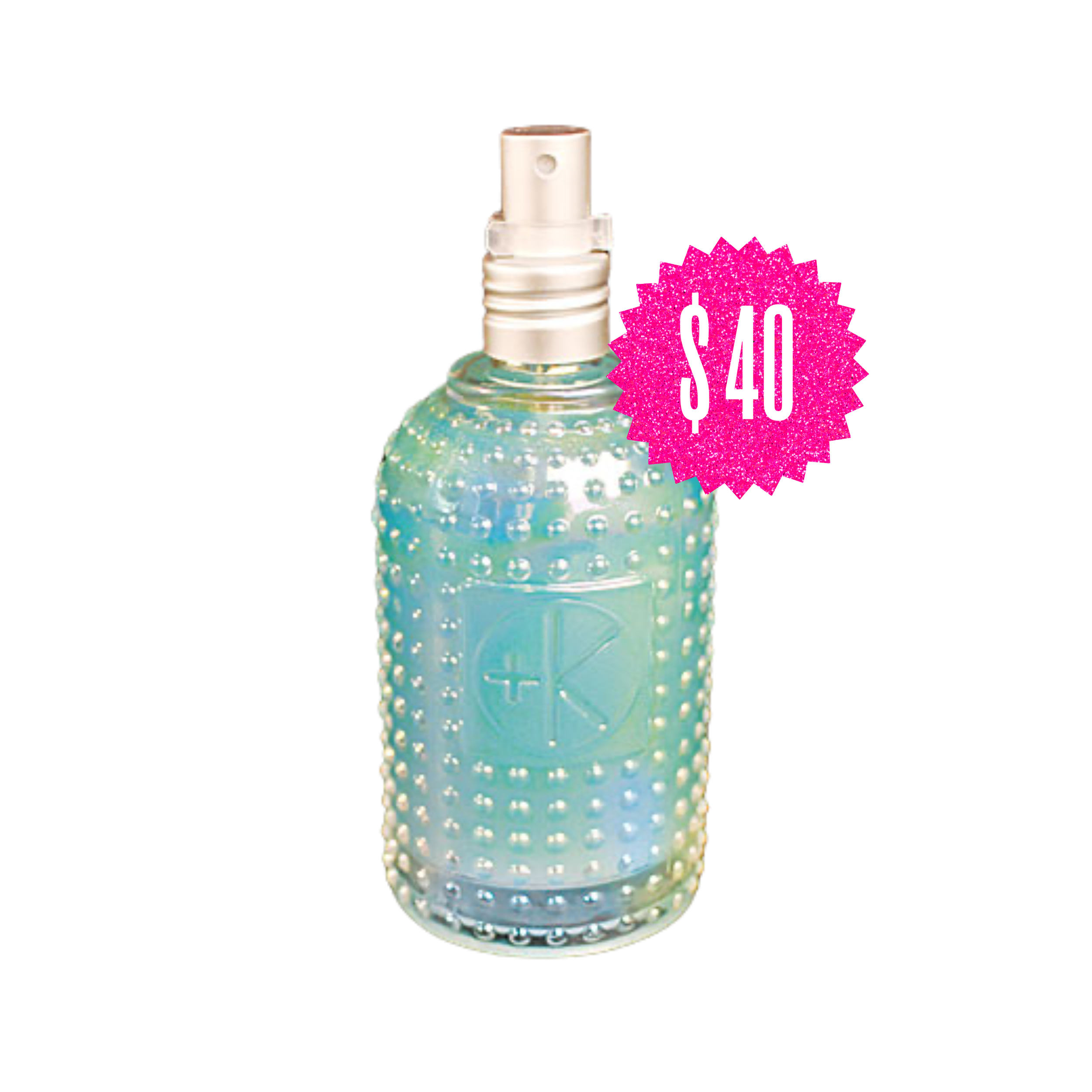A decorative light blue glass spray bottle with a textured surface and a white spray nozzle, marked with a pink starburst label indicating the price of $40.