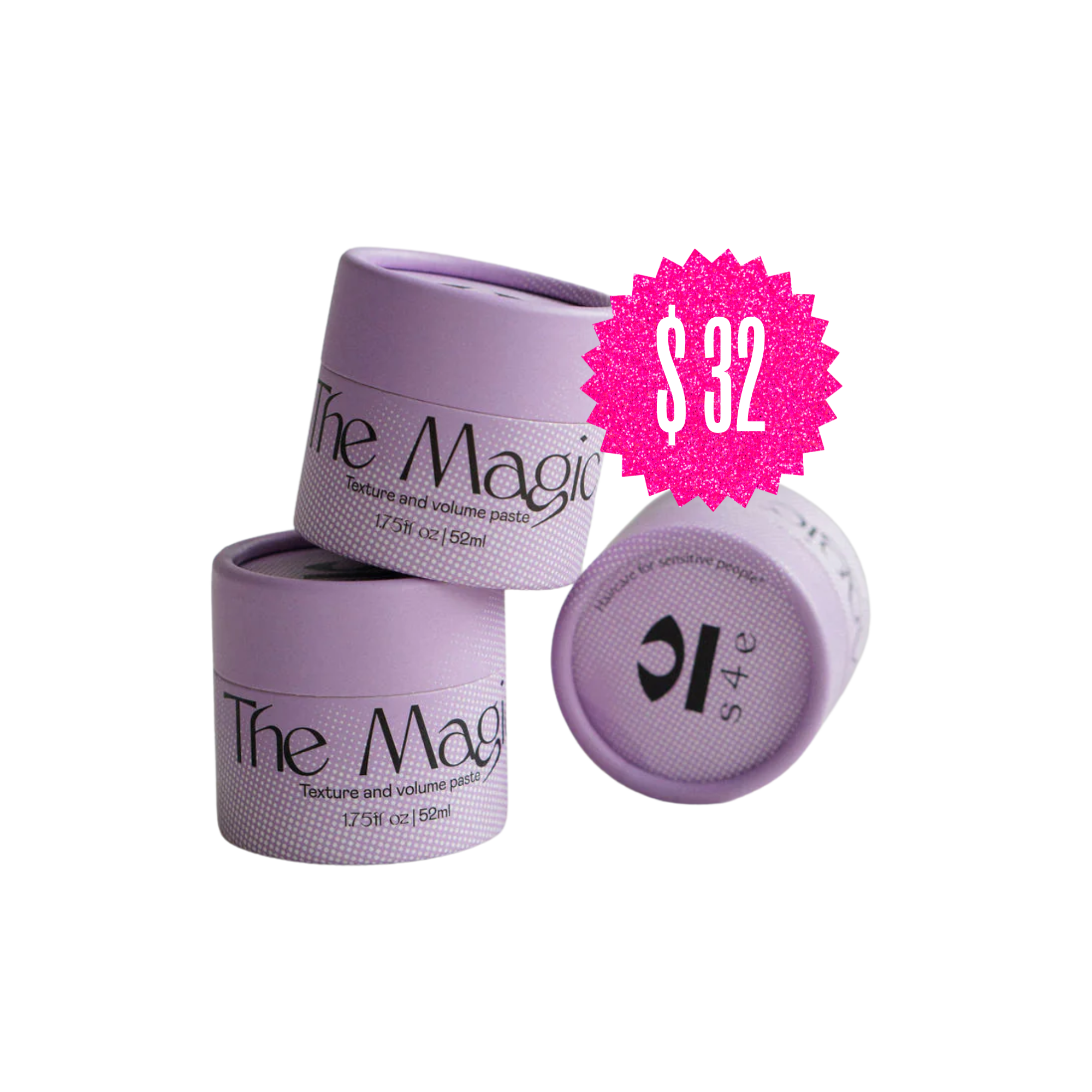 Three lavender containers of The Magic Texture and Volume Paste stacked with a pink price label showing $32.
