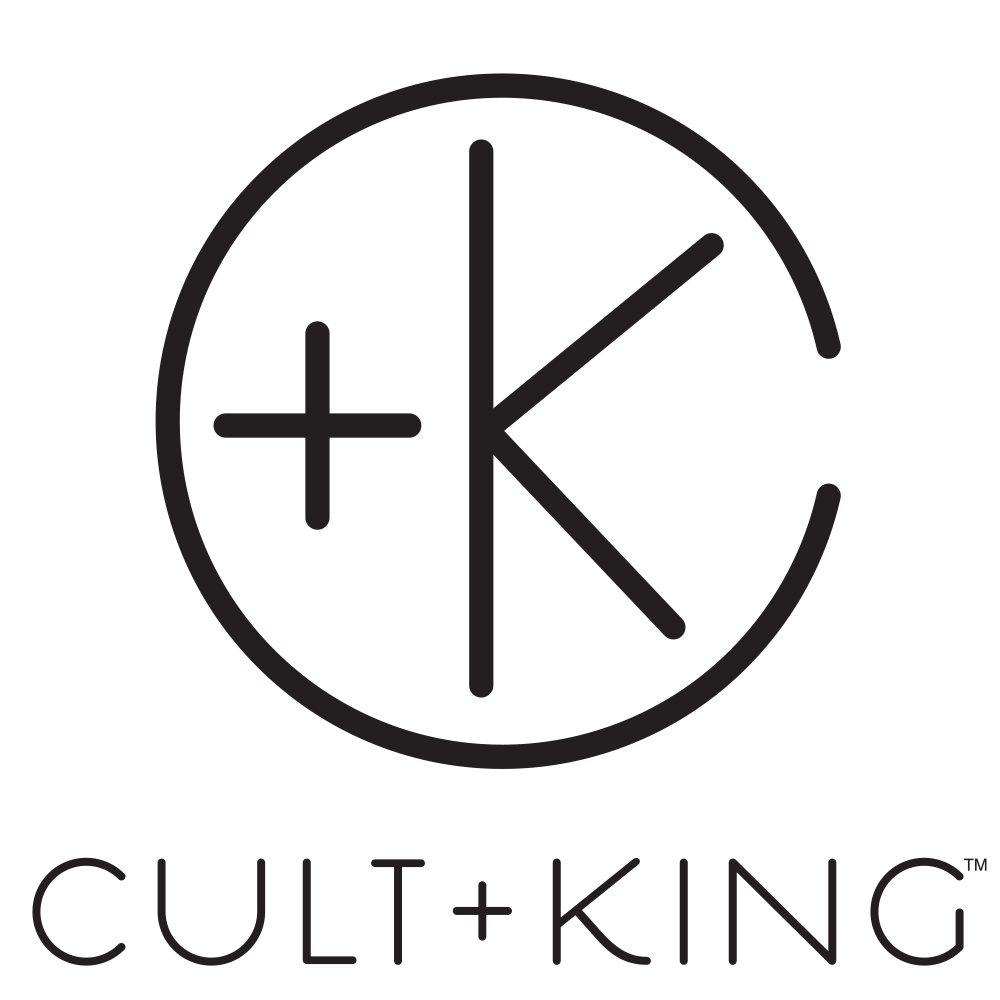 A logo featuring a clock with plus and minus symbols and the words "CULT + KING" below.