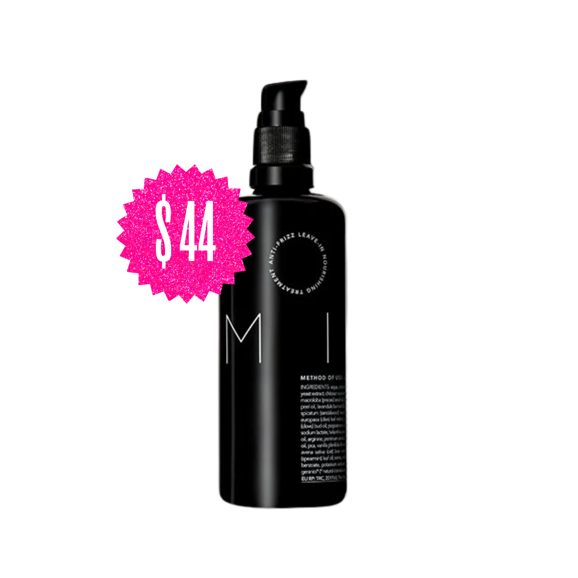 A black spray bottle with a pump dispenser labeled 'METHOD' and 'ANTI-FOG LEAFING'; pink price tag indicating $44 is attached to the bottle.