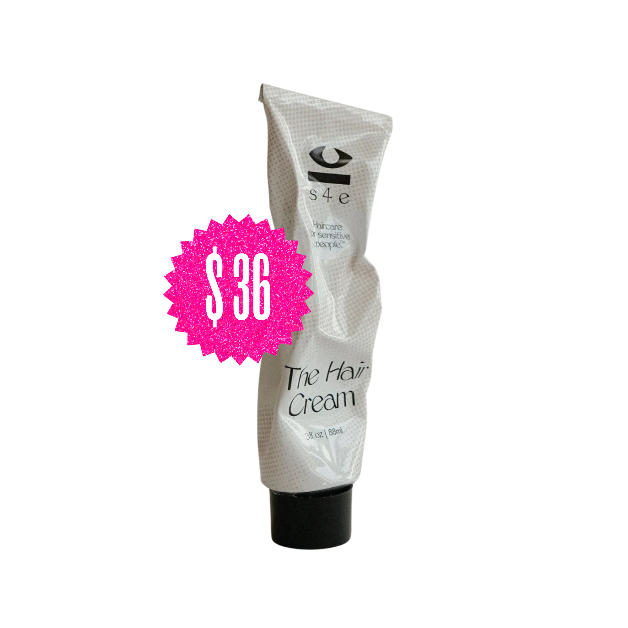 A tube of The Hair Cream with a 36-dollar price tag. The tube is white with black cap, and the pink price sticker has white text.
