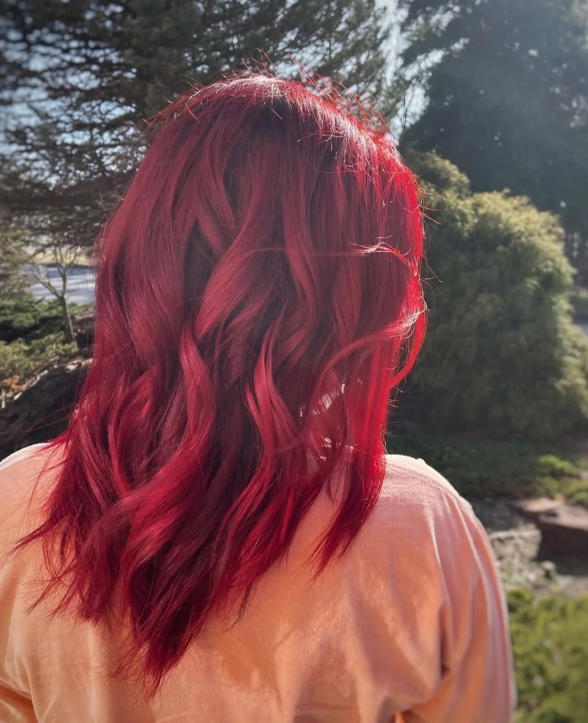 Back view of a person with shoulder-length wavy red hair standing outdoors in a park with trees and sunlight.