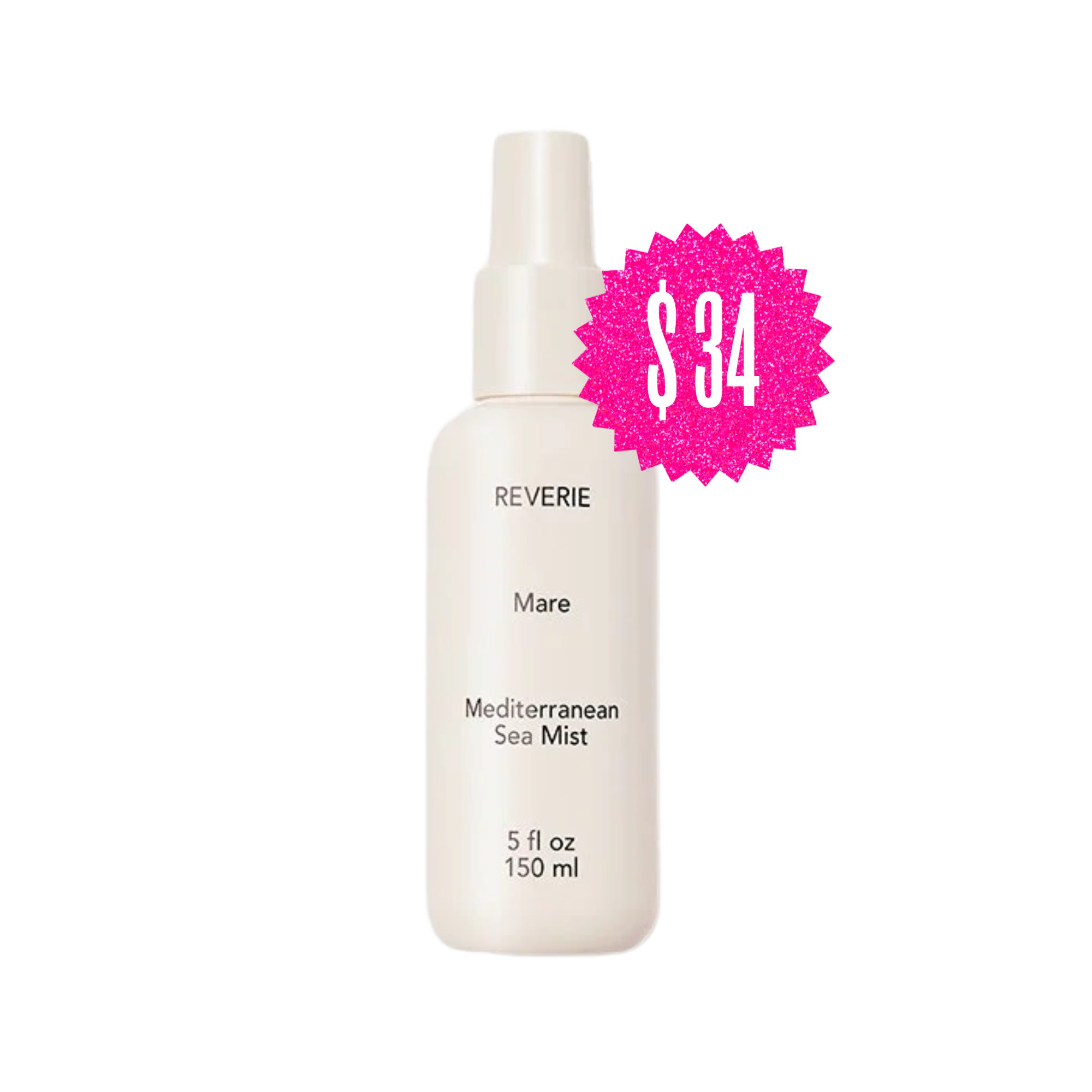 Bottle of Reverie Mare Mediterranean Sea Mist spray with a pink $3.4 price tag overlay.