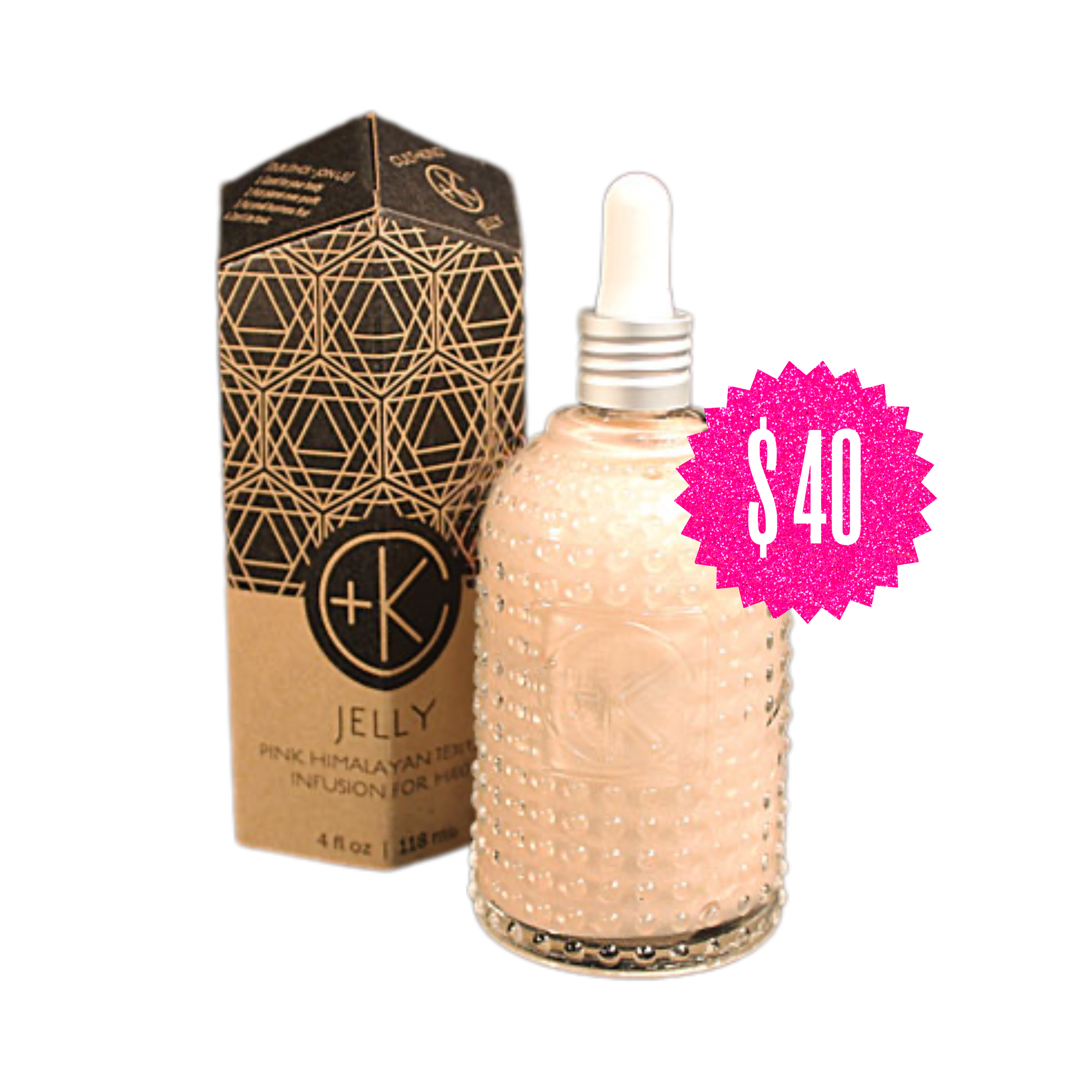 A glass bottle of pink Himalayan jelly with a dropper cap next to its packaging box. The box has a geometric design and the text 'Jelly' and 'Pink Himalayan Tea Infusion for Hair'. A pink starburst sticker shows the price '$40'.
