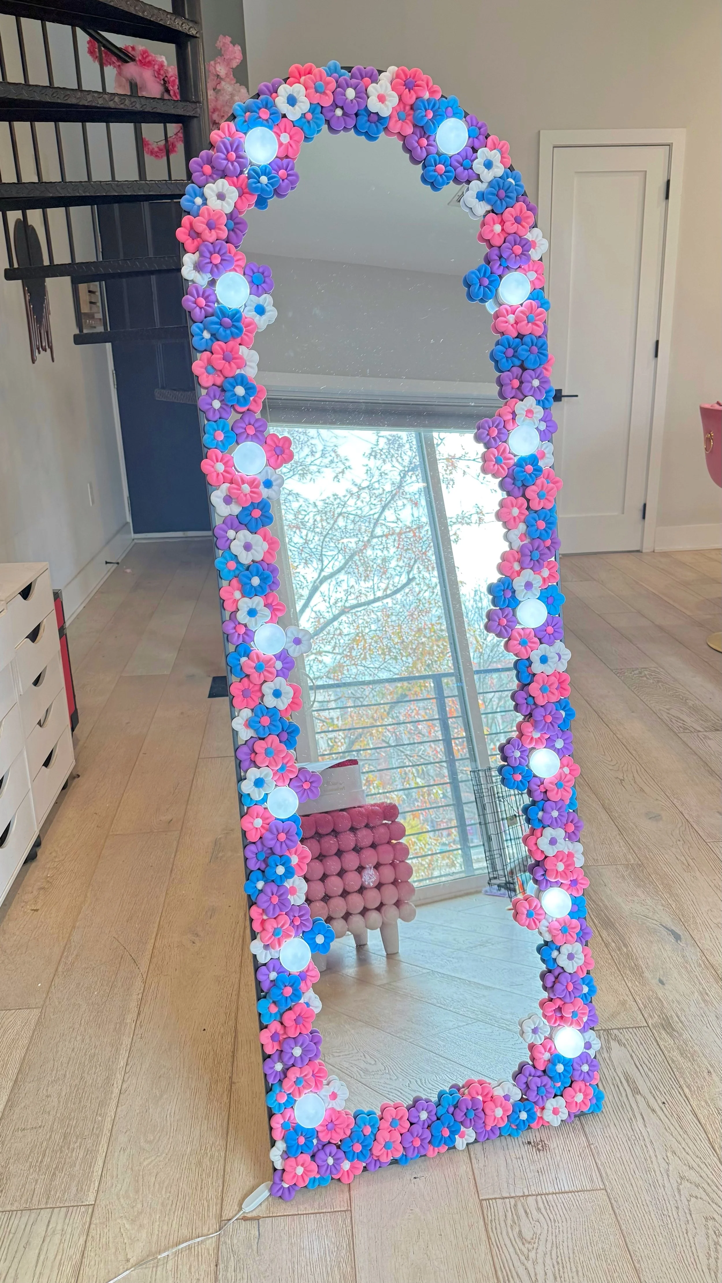 Cotton Candy: Pink, Blue, Purple & White Flower Vanity Floor Arch Mirror