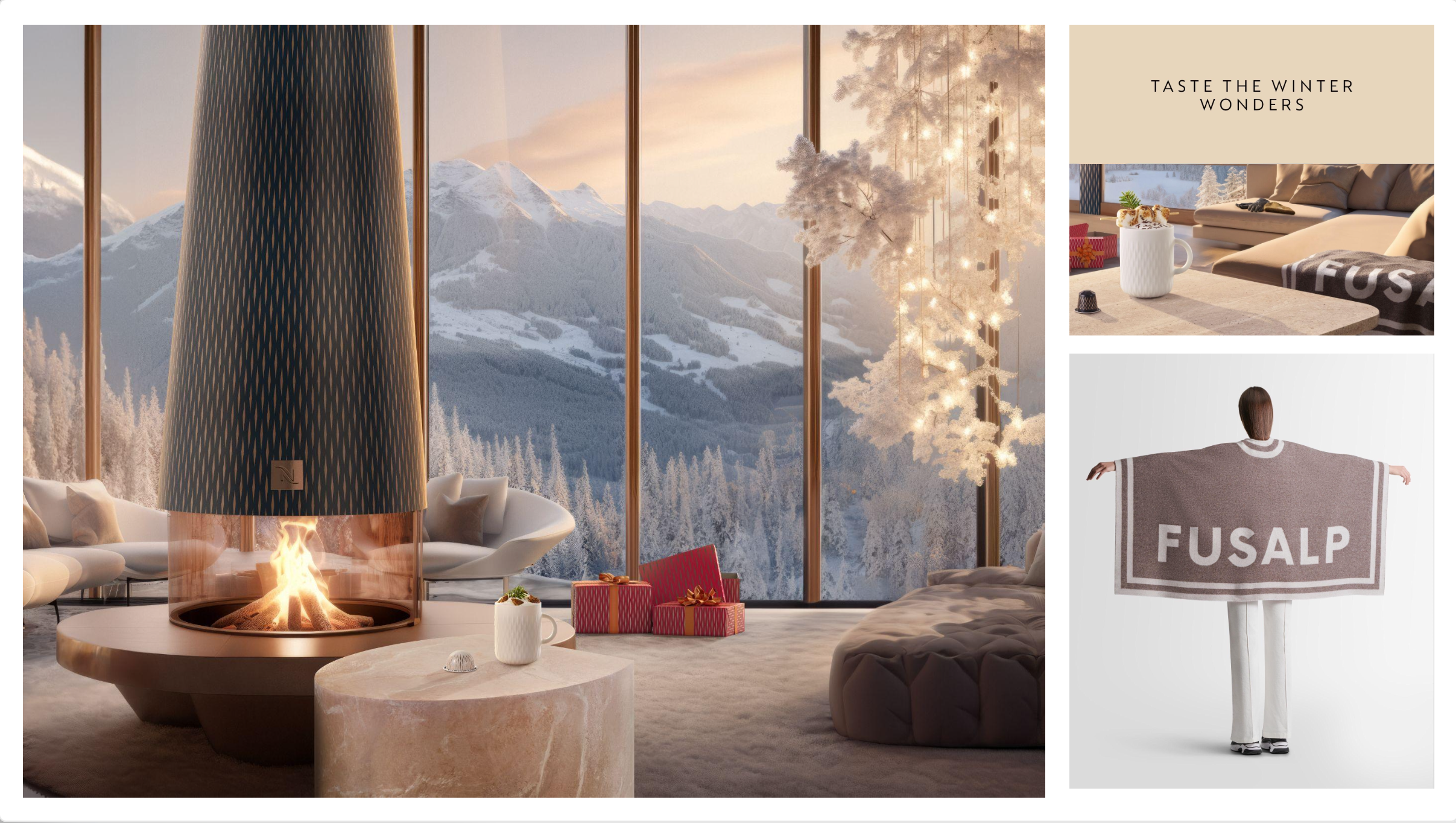 Intérieur d'un salon moderne avec vue sur des montagnes enneigées, cheminée centrale, canapé blanc, coussins, table en pierre avec une tasse blanche et des cadeaux emballés, arbre blanc décoré de lumières