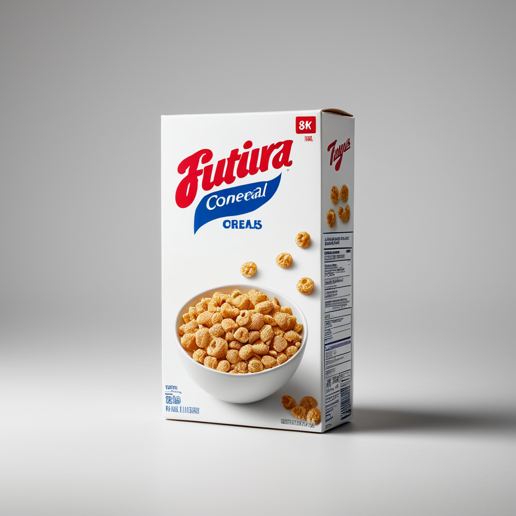 Boîte de céréales Futura avec des biscuits en forme d'oreilles en avant-plan.