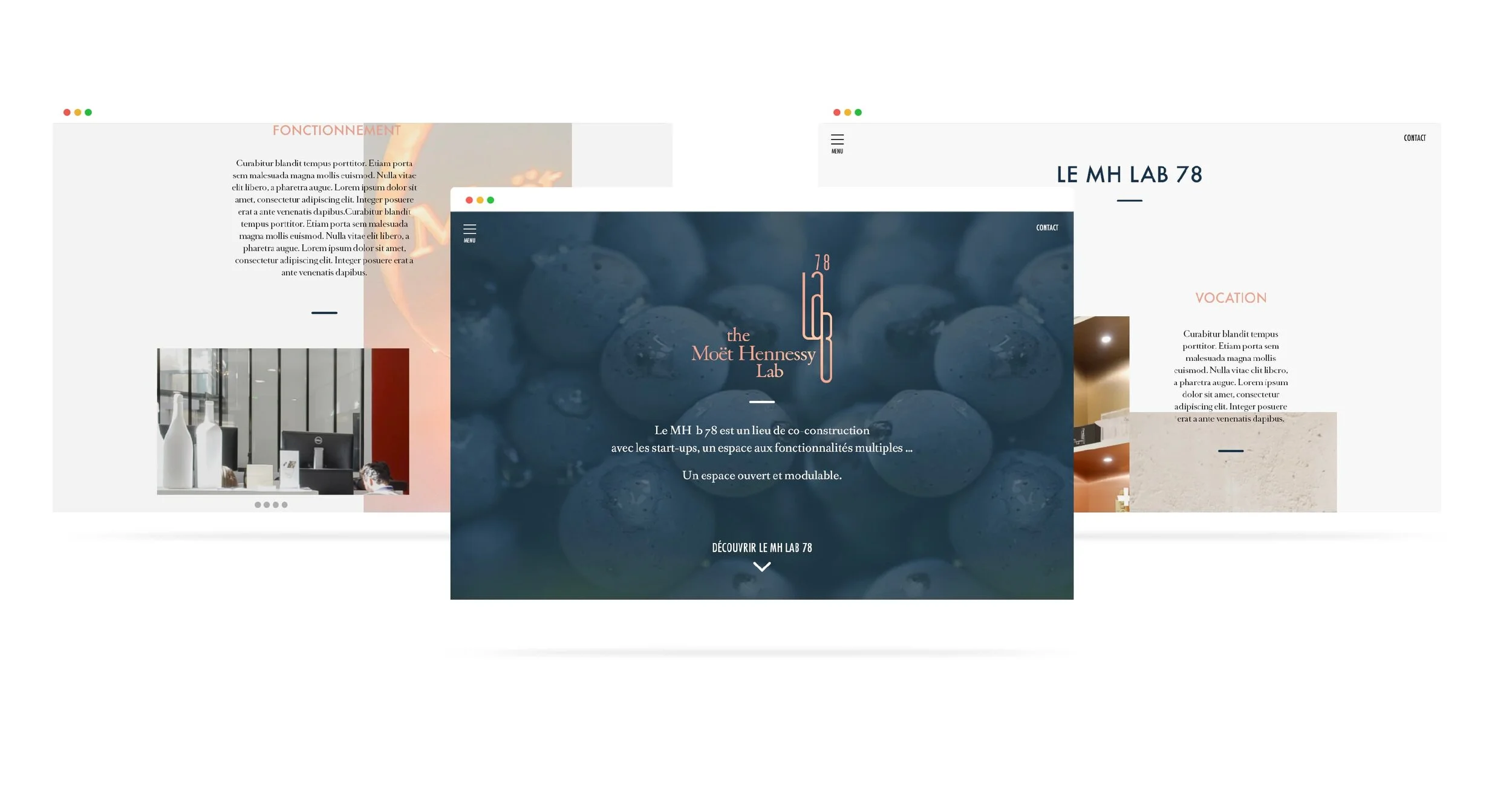 Trois pages de site web affichant des designs modernes et épurés, avec des textes en français à propos du laboratoire et de ses fonctionnalités, ainsi que des images de détails et de lieux du laboratoire.