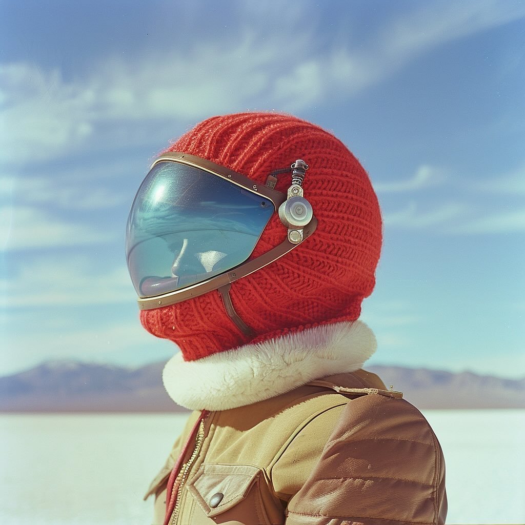 A movie trailer featuring the adventures of a space man #wool #helmet #bluesky #desert