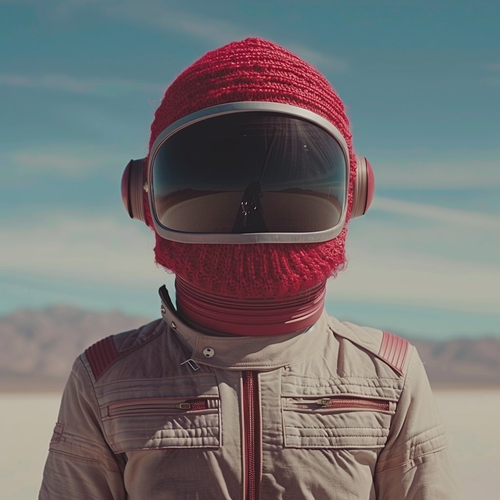 A movie trailer featuring the adventures of a space man #wool #helmet #bluesky #desert