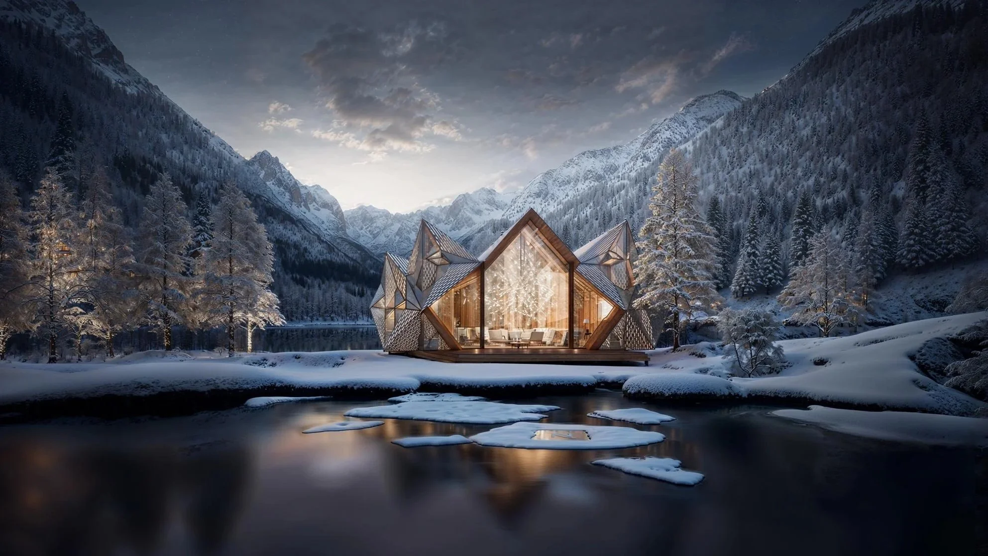 Une maison moderne en bois avec des structures géométriques en verre, située au bord d'un lac gelé en hiver, entourée de montagnes enneigées et d'arbres couverts de neige, avec un ciel nuageux au crépuscule.