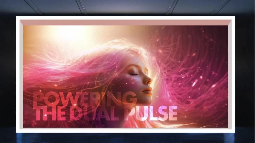 Une affiche numérique montrant un visage de femme avec des cheveux roses lumineux et des éléments lumineux, avec le texte "Powering the Digital Pulse" en lettres roses et blanches.
