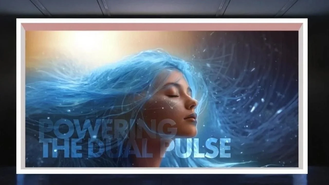 Une femme aux cheveux bleus fermant les yeux, entourée d'effets lumineux et de particules, avec le texte "Powering the Dual Pulse".