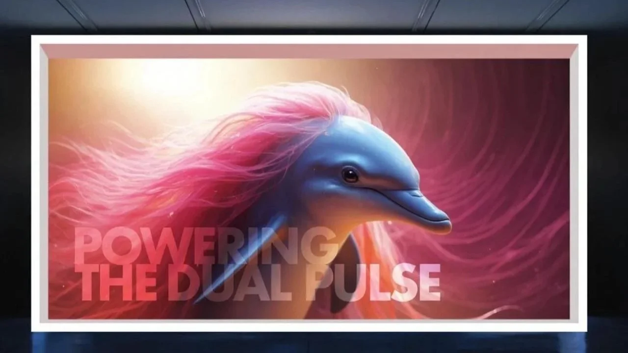 Une publicité représentant un animal ressemblant à un dauphin avec des couleurs de dauphin et une crinière rose, avec le texte "Powering the Dual Pulse"