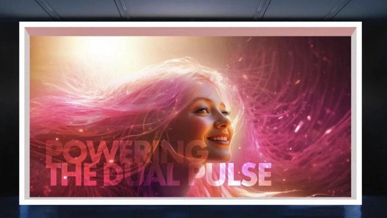 Une affiche avec une femme souriante, des cheveux roses dynamisés par des effets lumineux, et le texte 'POWERING THE DIGITAL PULSE' en lettres roses et blanches.