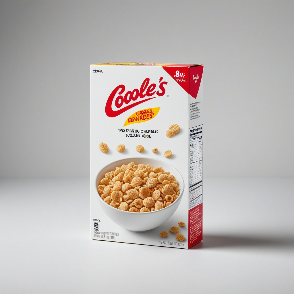 Boîte de céréales Cheerios de General Mills Coolee's avec un bol de céréales. La boîte est blanche avec des accents rouges et jaunes.