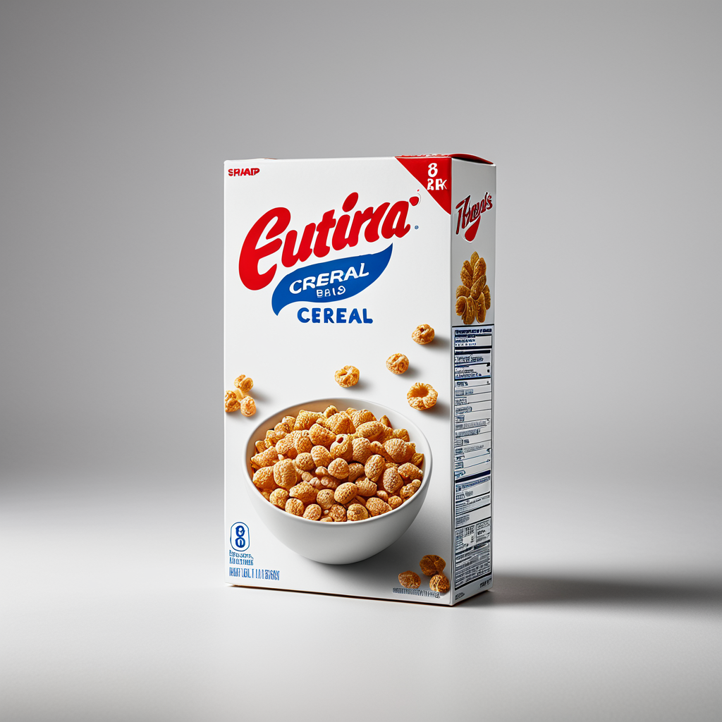 Boîte de céréales Futira au petit-déjeuner, montrant un bol de céréales croustillantes sur l'emballage.