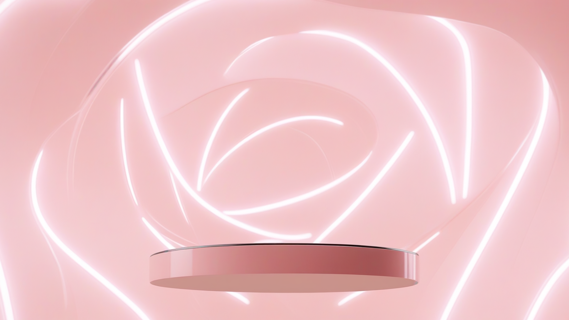 Installation artistique avec des néons roses formant une rose stylisée sur un fond rose