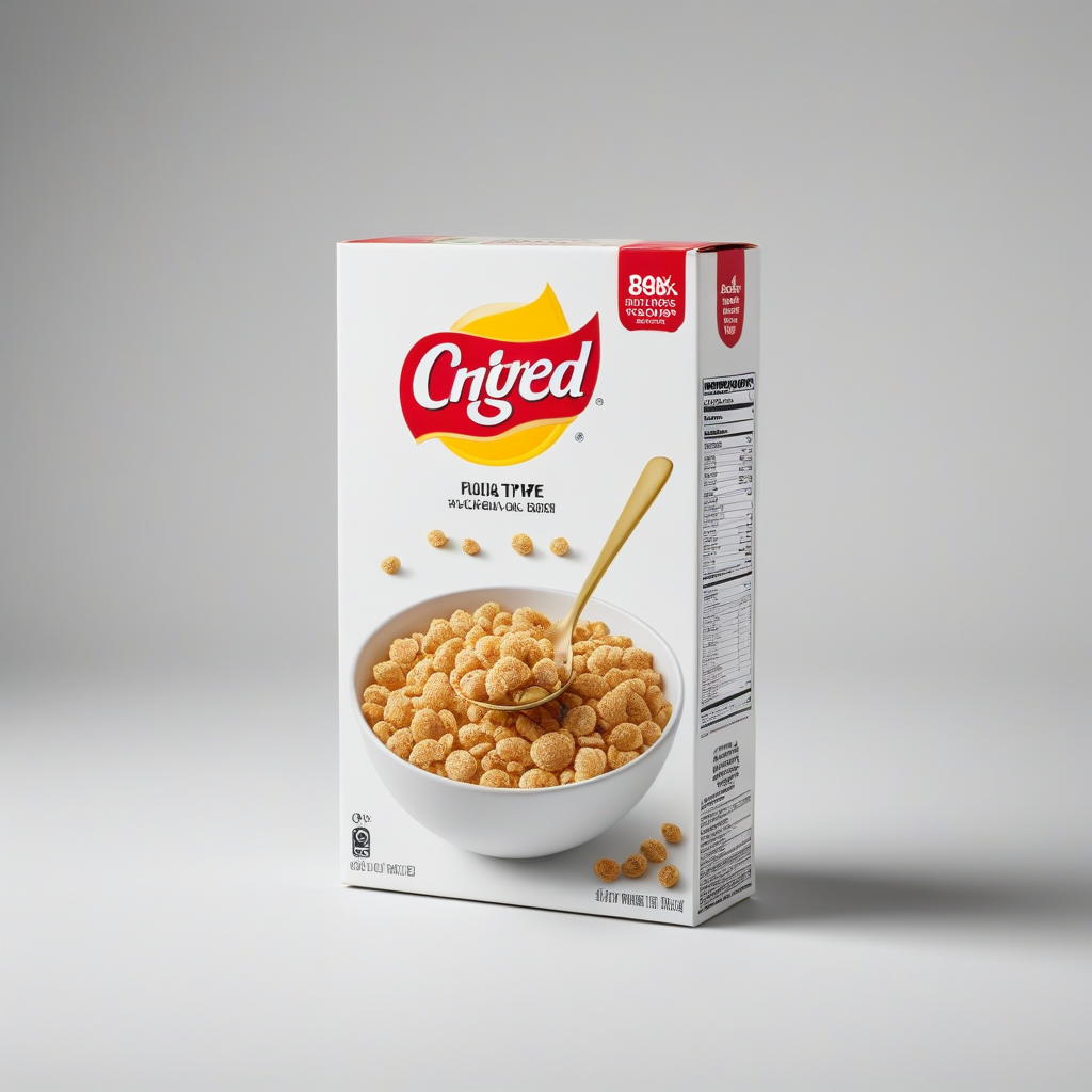 Boîte de céréales pour petit déjeuner avec un bol rempli de céréales et une cuillère