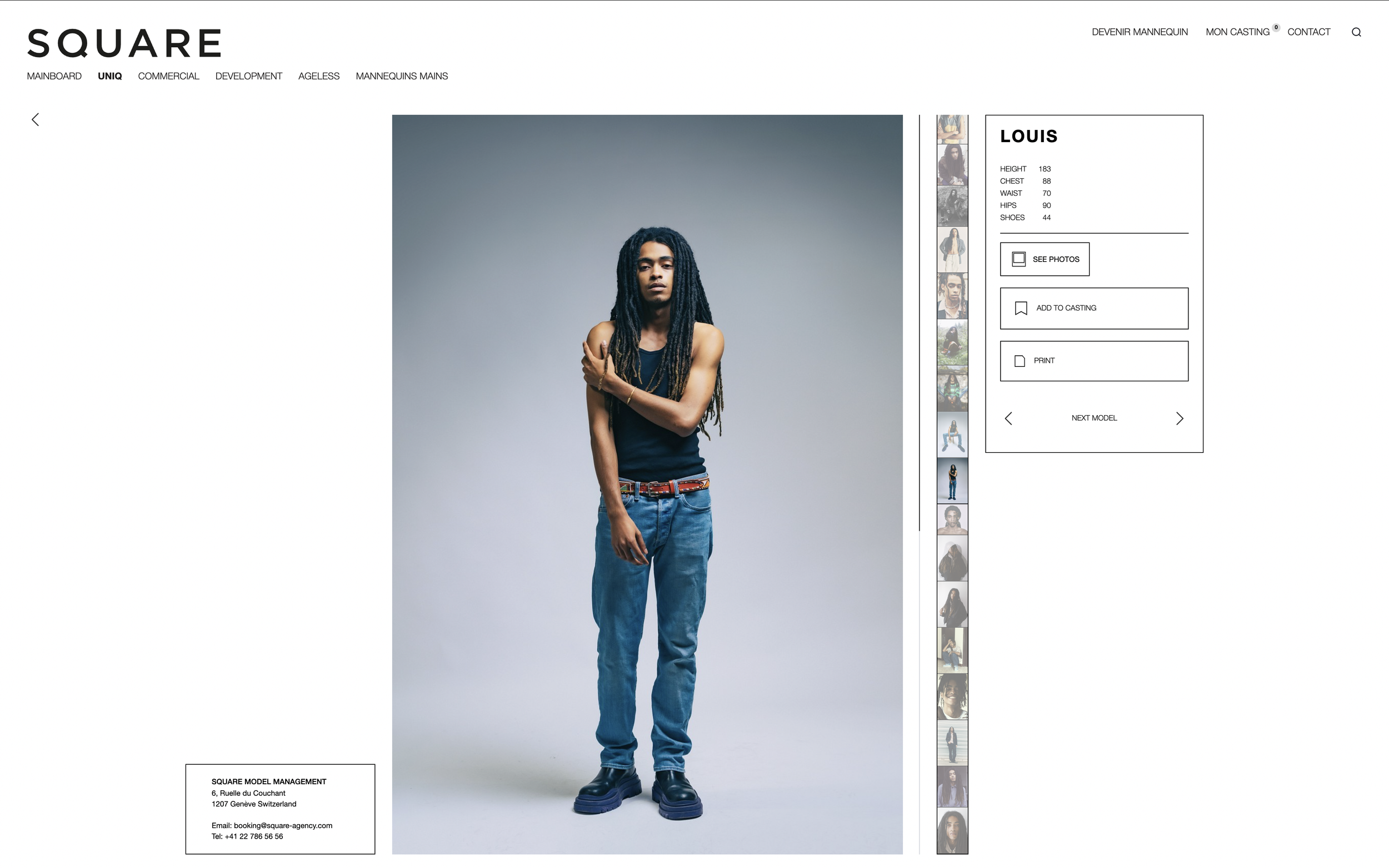 Page de profil d'un mannequin noir aux cheveux longs et frisés, portant un débardeur noir, un pantalon en jean bleu, des chaussures noires, posé contre un fond gris. Interface de gestion de modèle de mode.