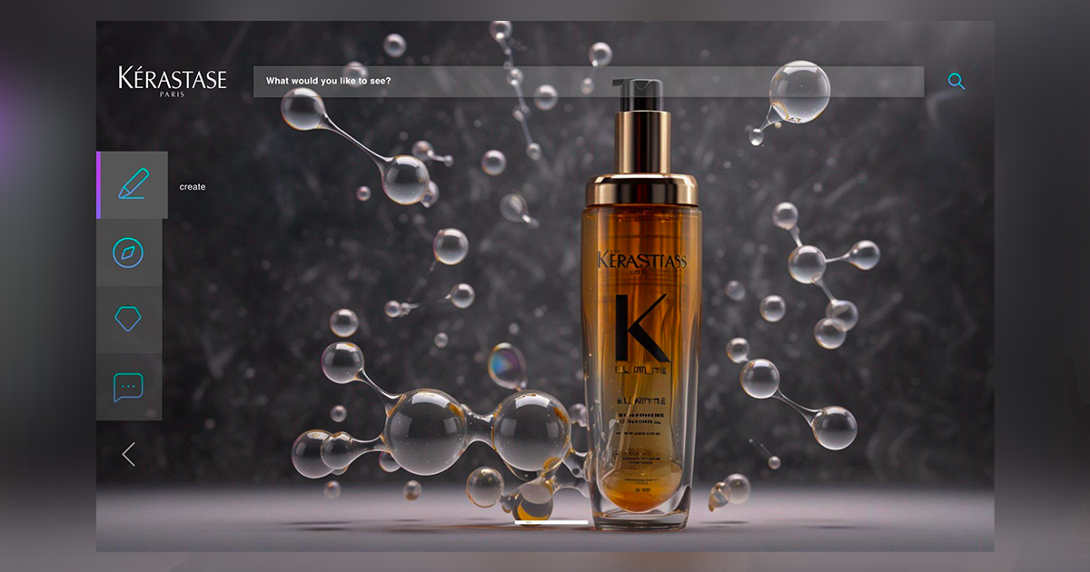 Une bouteille de produit de soin capillaire de la marque Kerastase Paris, entourée de bulles de savon ou de molécules flottantes, avec un fond sombre.